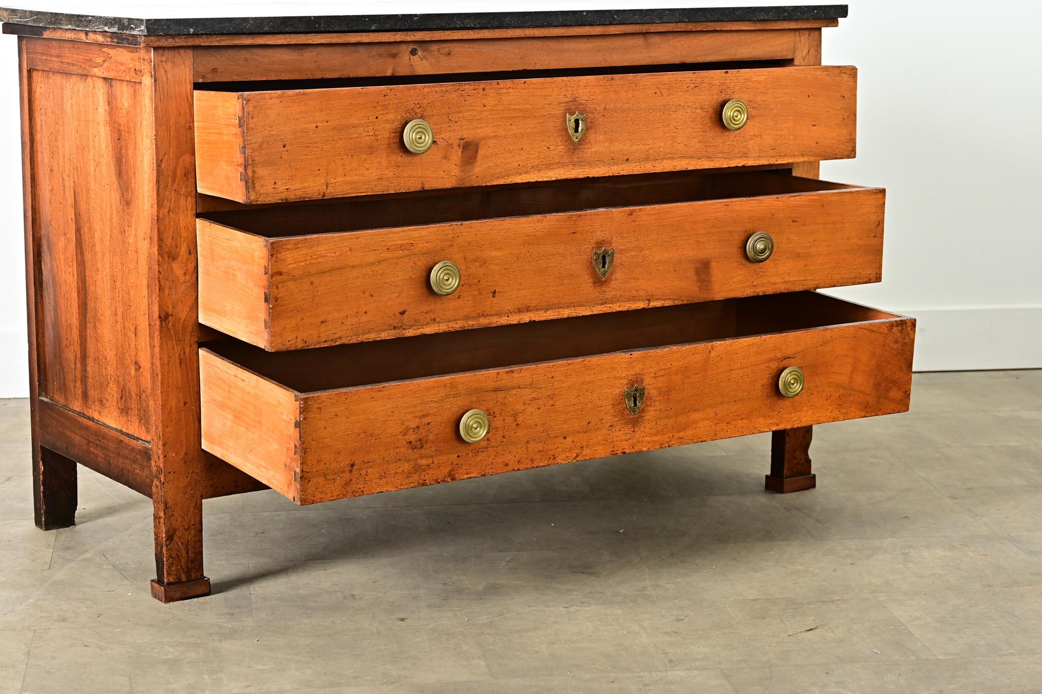 Brass French 19th Century Walnut Commode with Fossil Marble Top For Sale