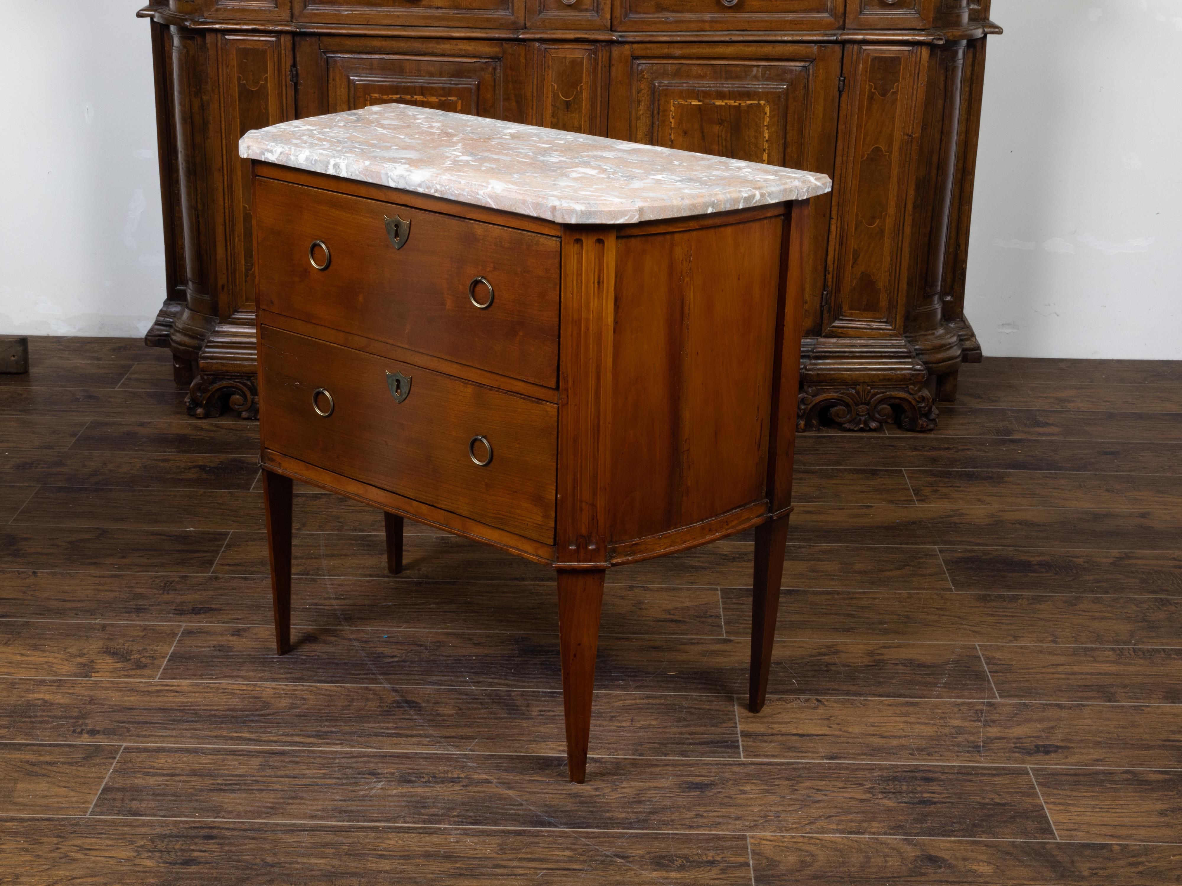 French 19th Century Walnut Commode with Variegated Marble Top and Two Drawers For Sale 4