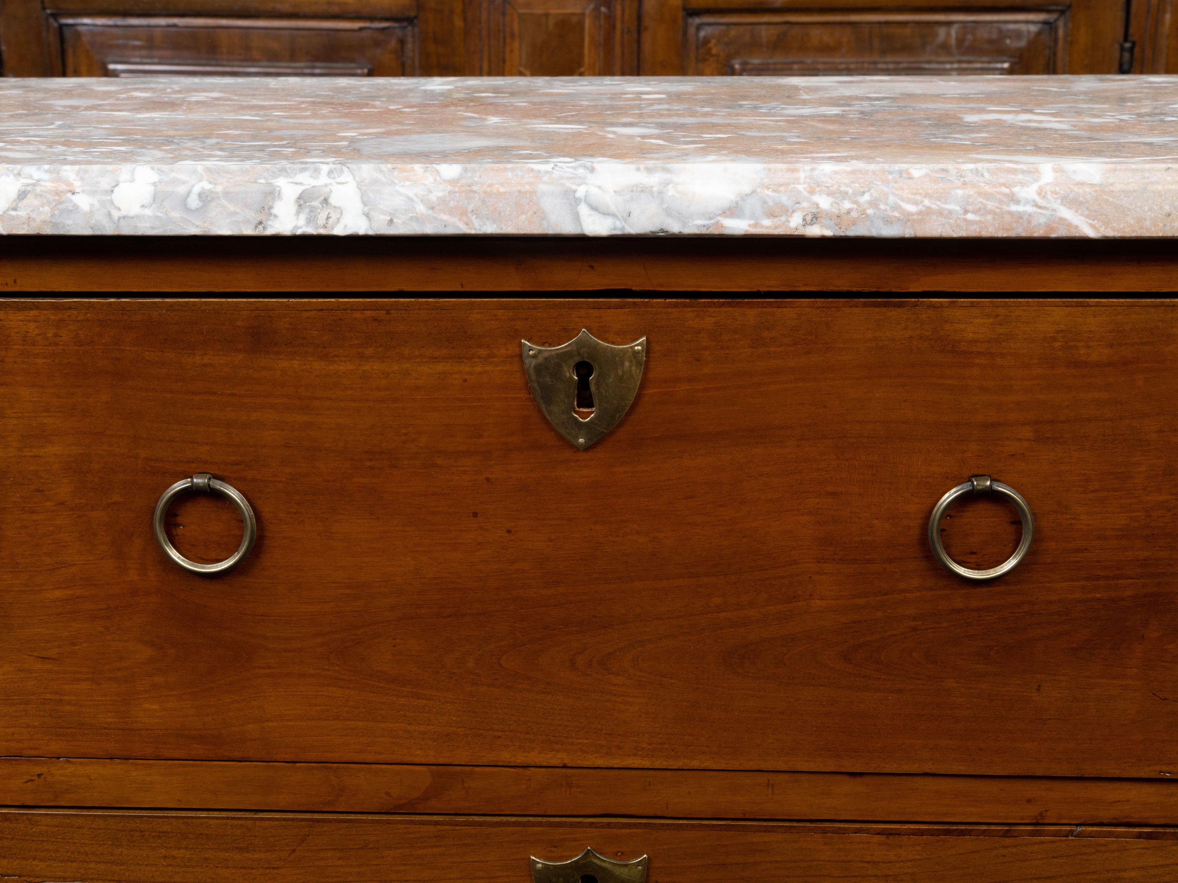 French 19th Century Walnut Commode with Variegated Marble Top and Two Drawers For Sale 5