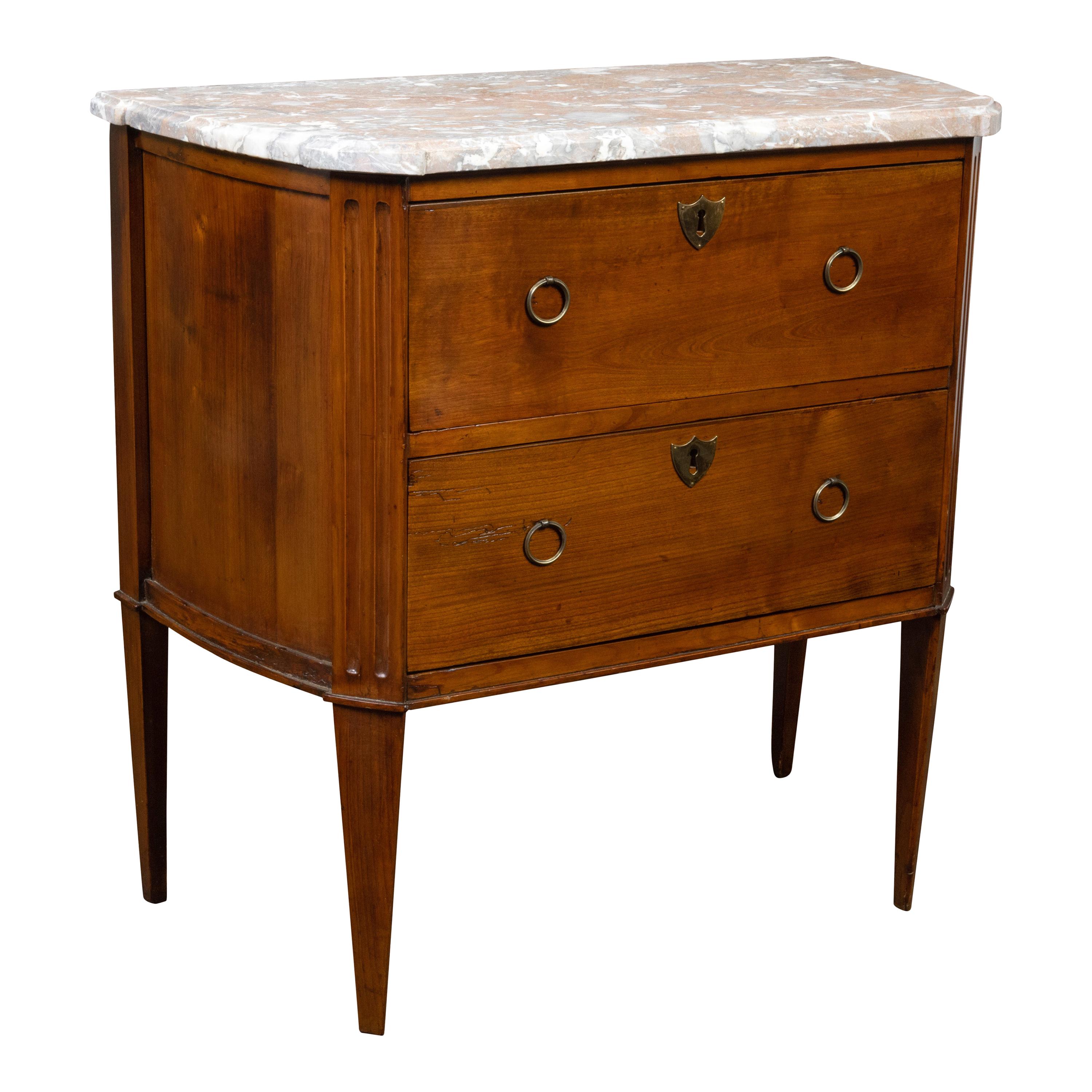 French 19th Century Walnut Commode with Variegated Marble Top and Two Drawers For Sale