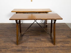 French 19th Century Walnut Console Table with Trestle Base and Iron Stretchers