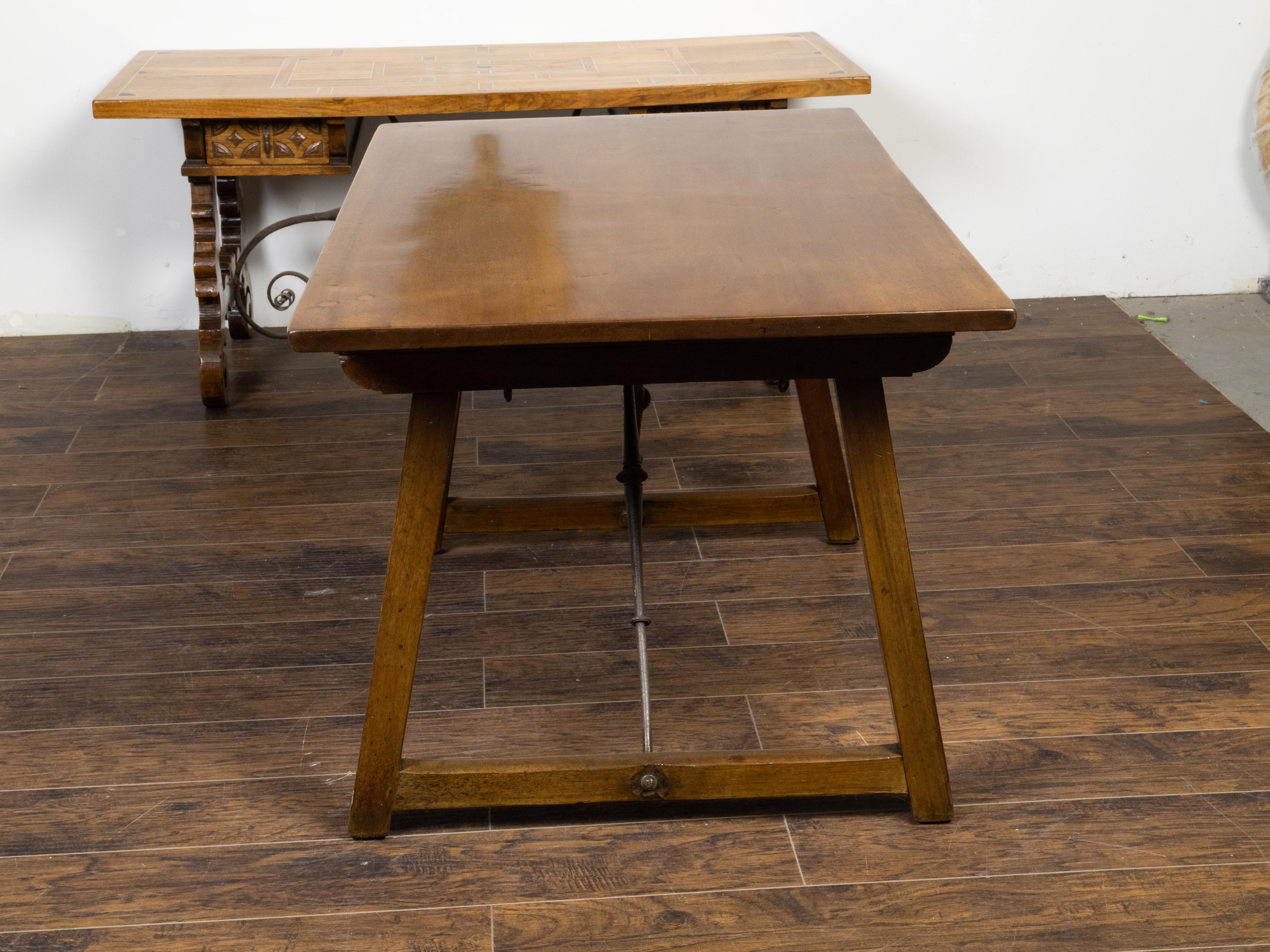 French 19th Century Walnut Console Table with Trestle Base and Iron Stretchers For Sale 1