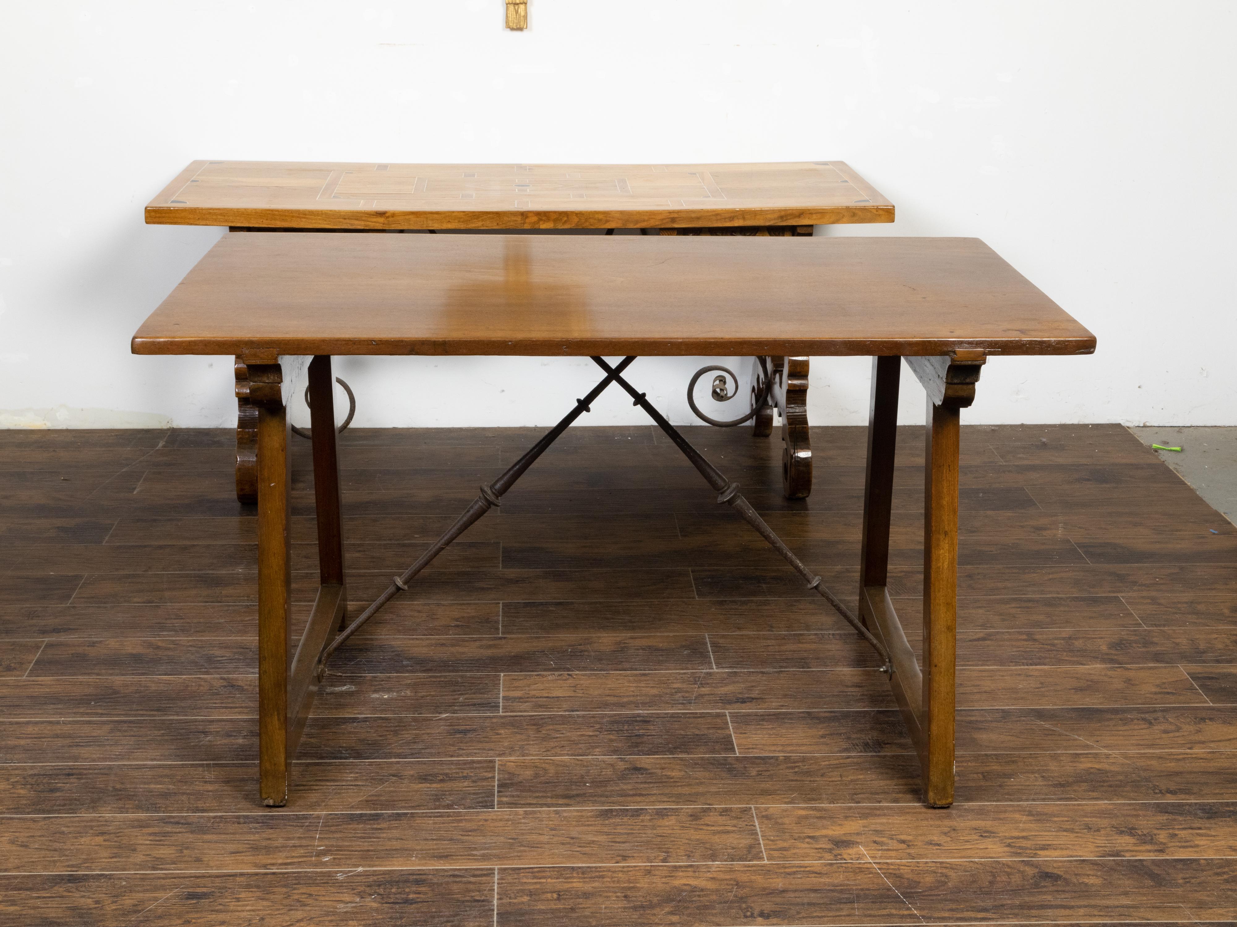French 19th Century Walnut Console Table with Trestle Base and Iron Stretchers For Sale 2