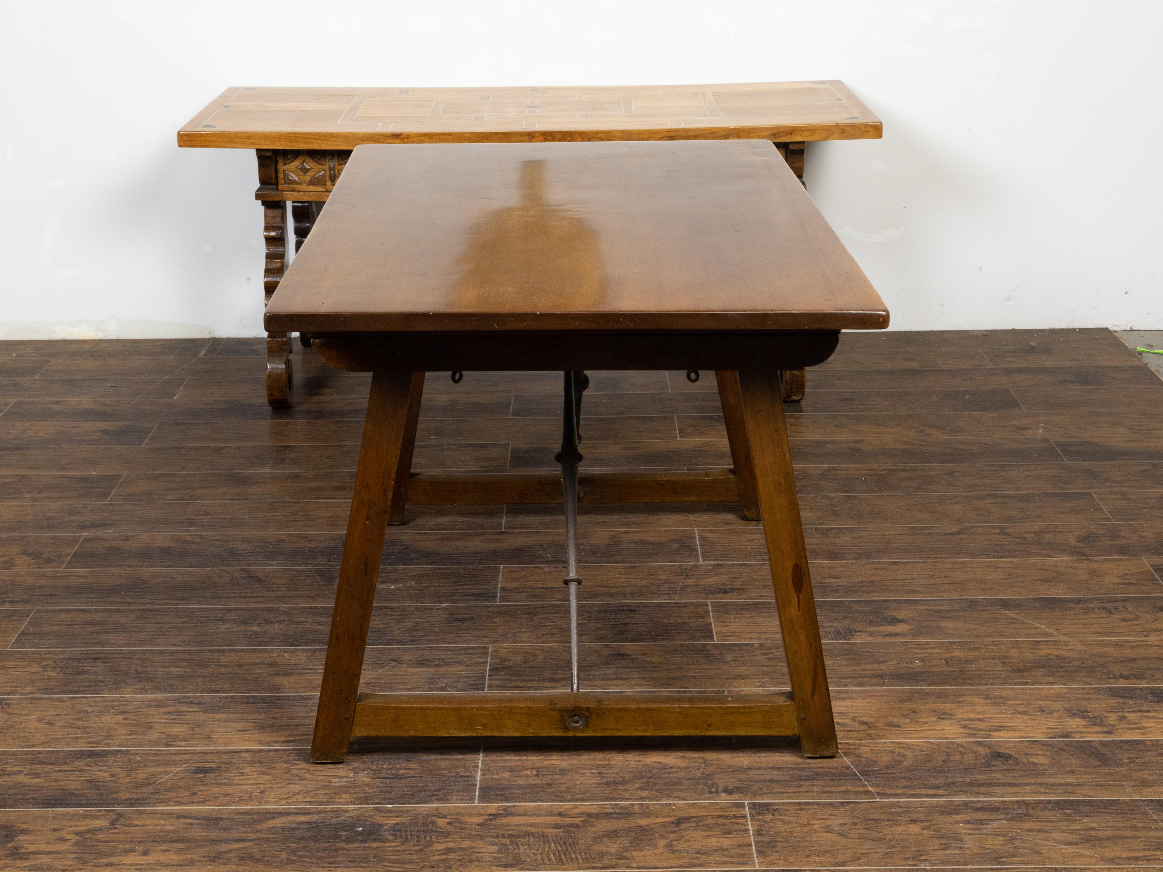French 19th Century Walnut Console Table with Trestle Base and Iron Stretchers For Sale 3