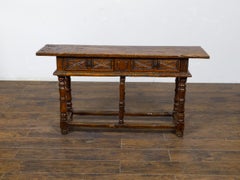 French 19th Century Walnut Console Table with Two Carved Drawers