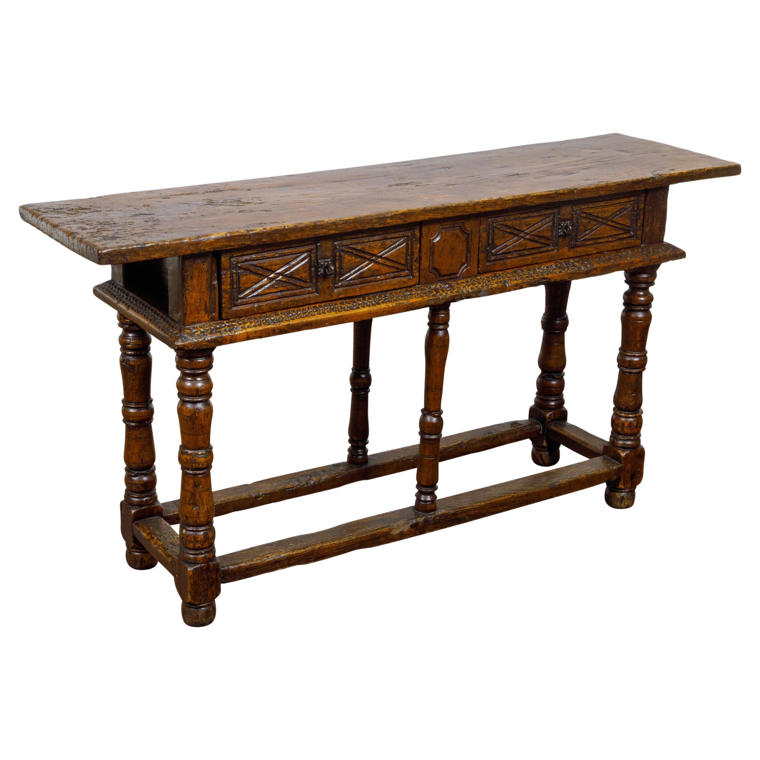 French 19th Century Walnut Console Table with Two Carved Drawers