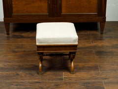 French 19th Century Walnut Curule Stool with Corinthian Capitals and Upholstery