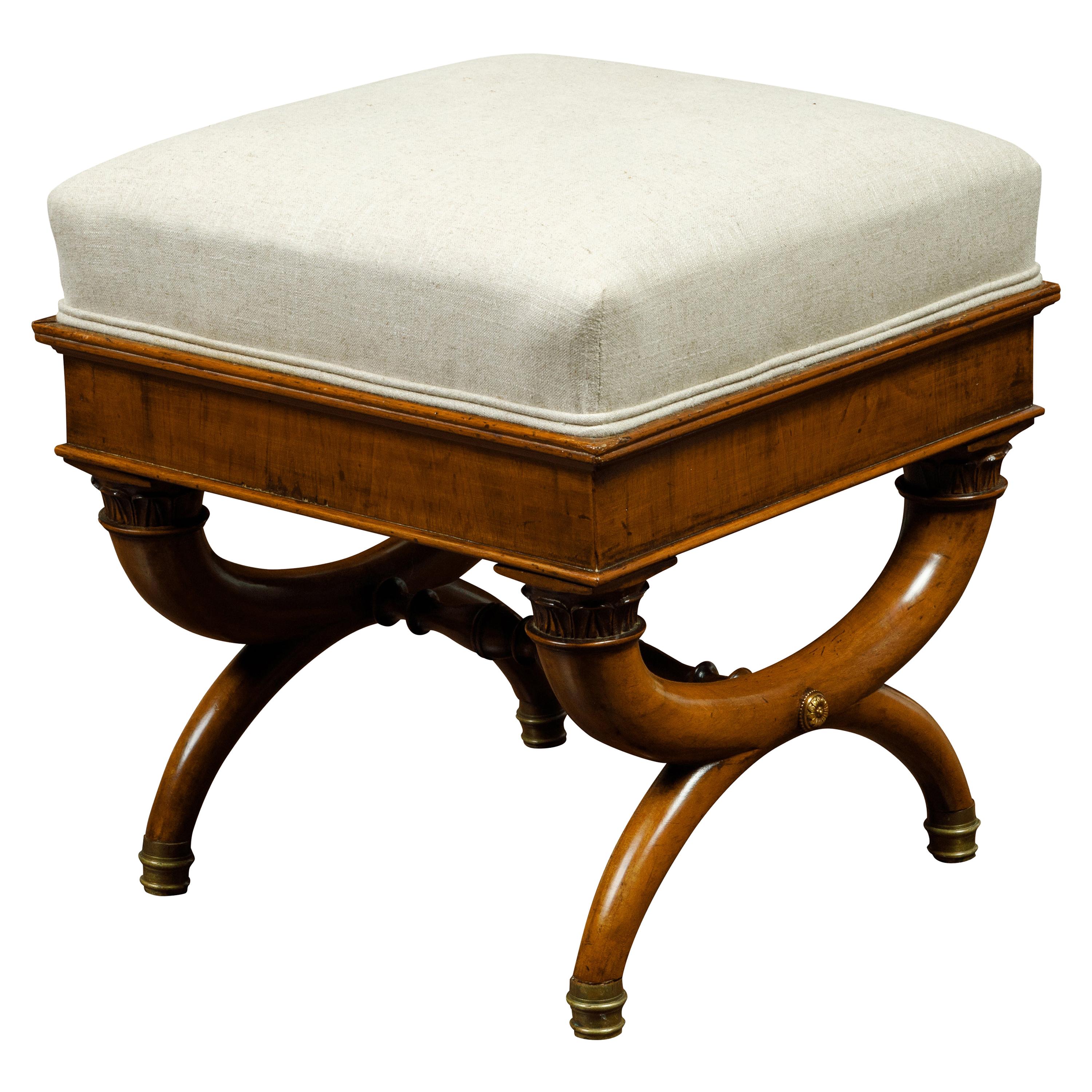 French 19th Century Walnut Curule Stool with Corinthian Capitals and Upholstery For Sale