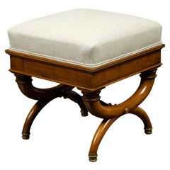 French 19th Century Walnut Curule Stool with Corinthian Capitals and Upholstery