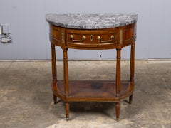 French 19th Century Walnut Demi-Lune Console Table with Marble Top and Drawer