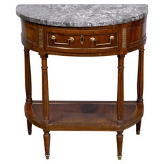 French 19th Century Walnut Demi-Lune Console Table with Marble Top and Drawer