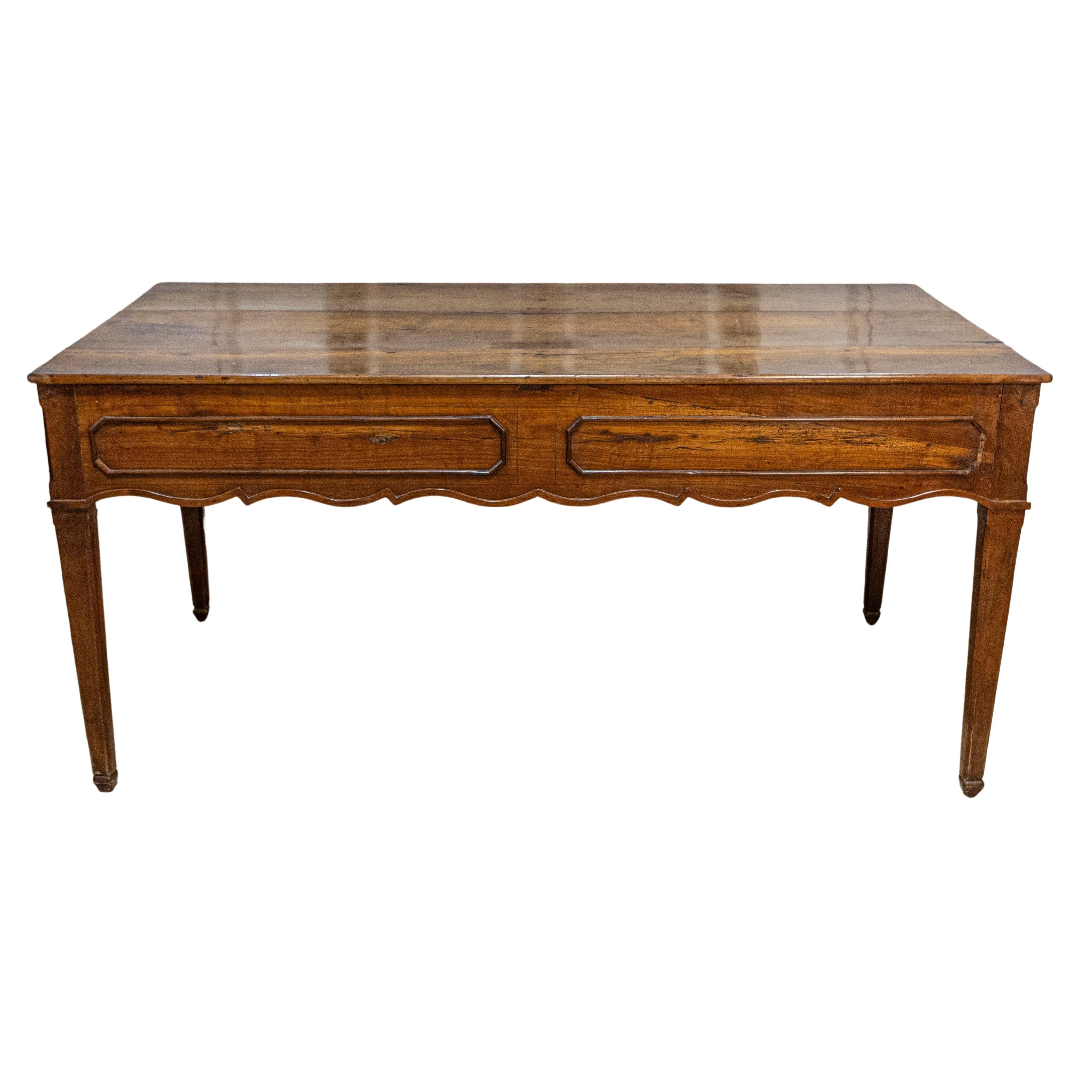 French 19th Century Walnut Desk with Carved Apron and Lateral Drawer For Sale