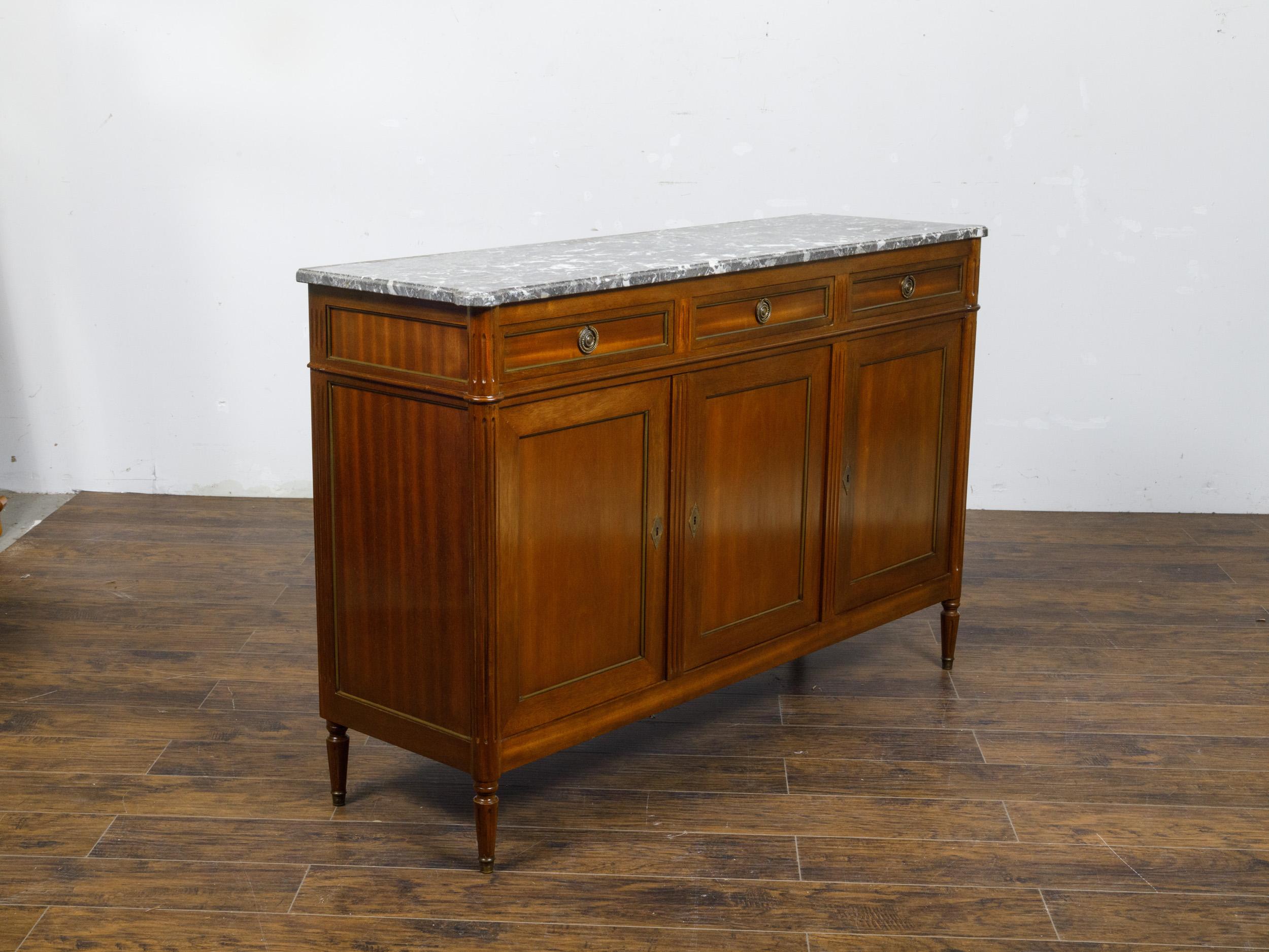 Louis XVI French 19th Century Walnut Enfilade with Gray Marble Top, Doors and Drawers