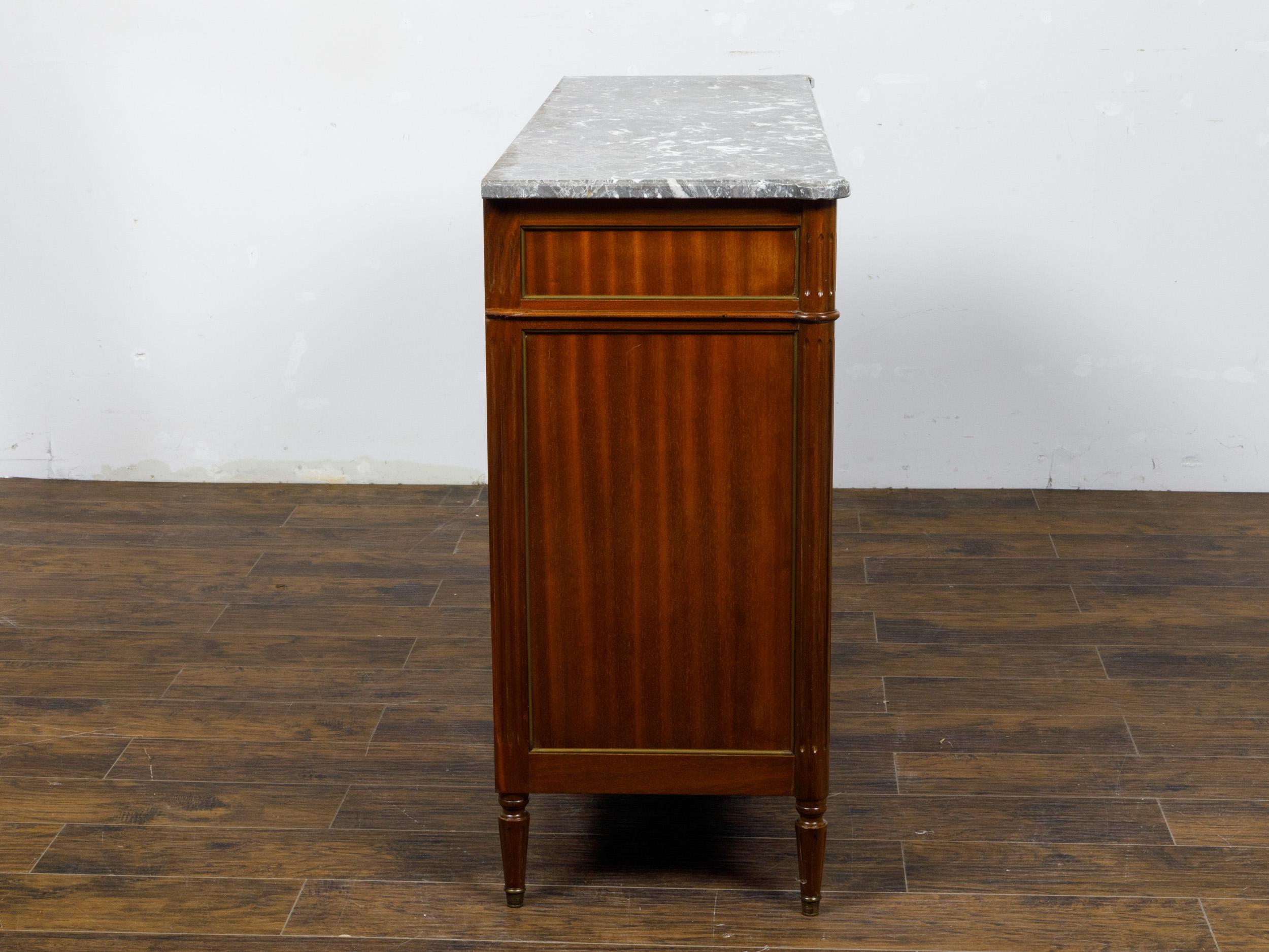 Carved French 19th Century Walnut Enfilade with Gray Marble Top, Doors and Drawers