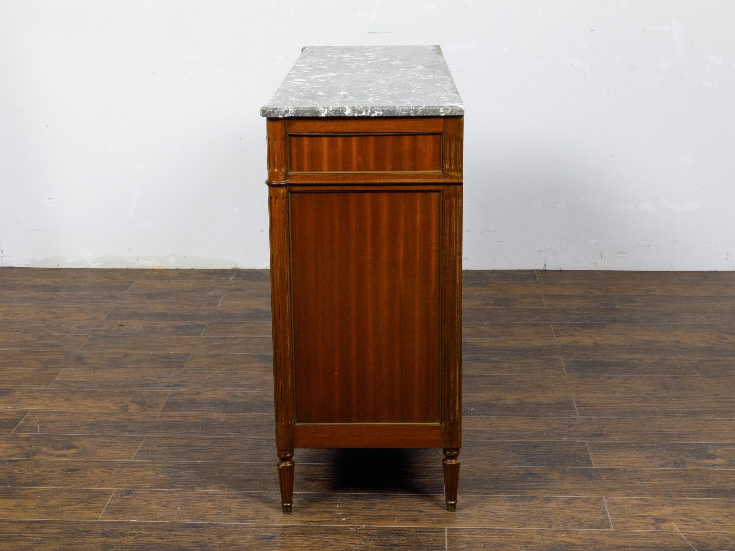 Brass French 19th Century Walnut Enfilade with Gray Marble Top, Doors and Drawers