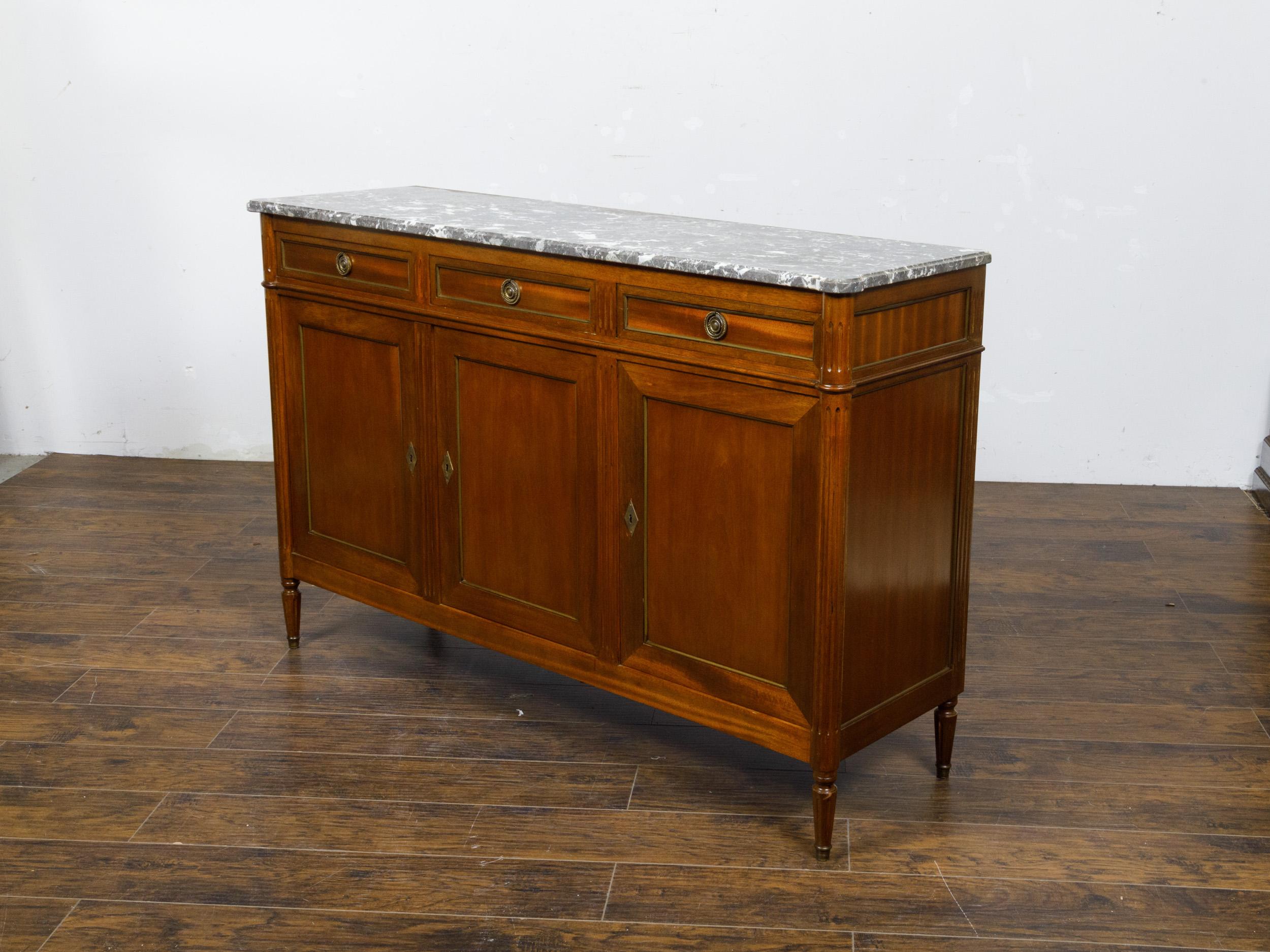 French 19th Century Walnut Enfilade with Gray Marble Top, Doors and Drawers 1