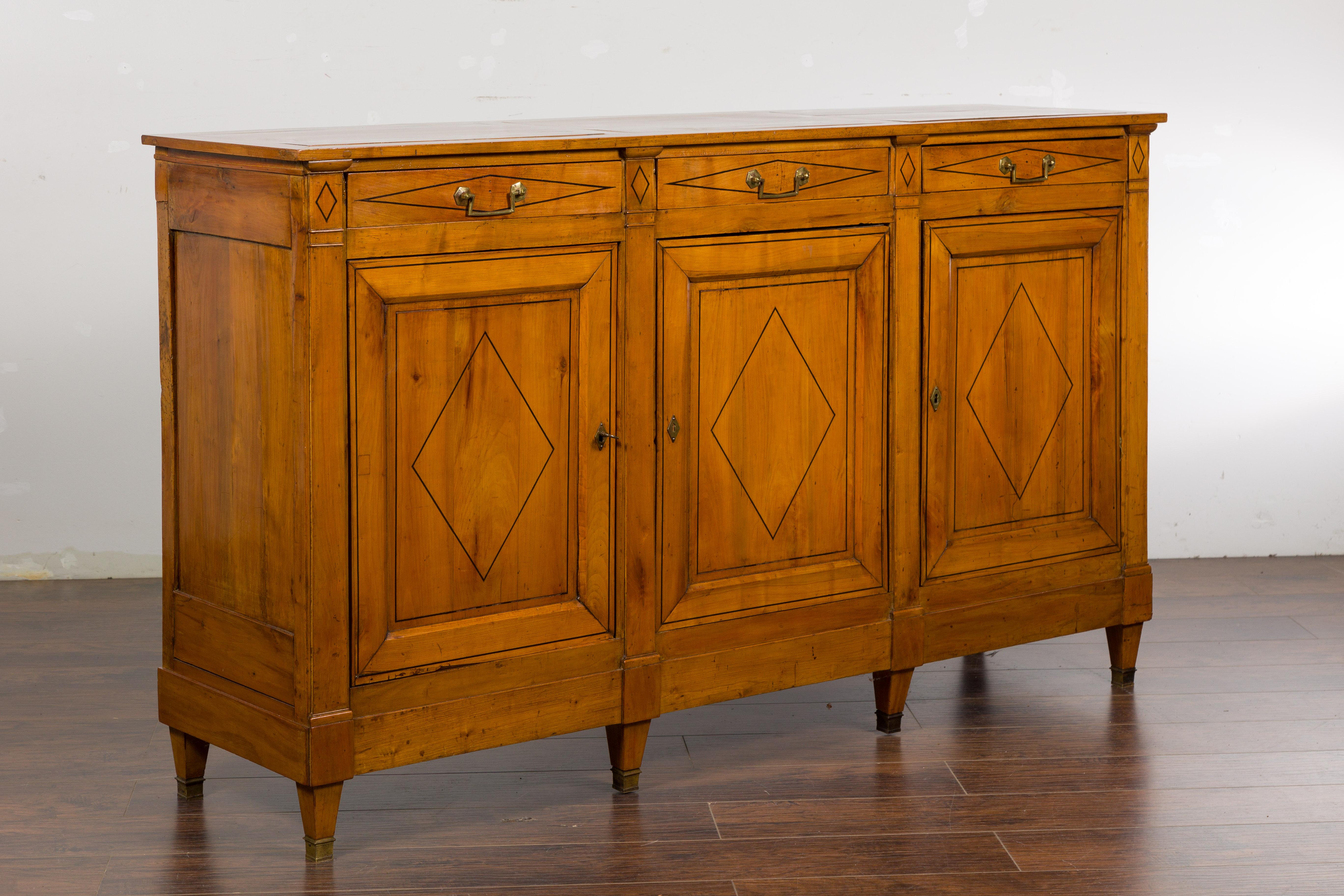 Inlay French 19th Century Walnut Enfilade with Three Drawers and Doors, Diamond Motifs For Sale