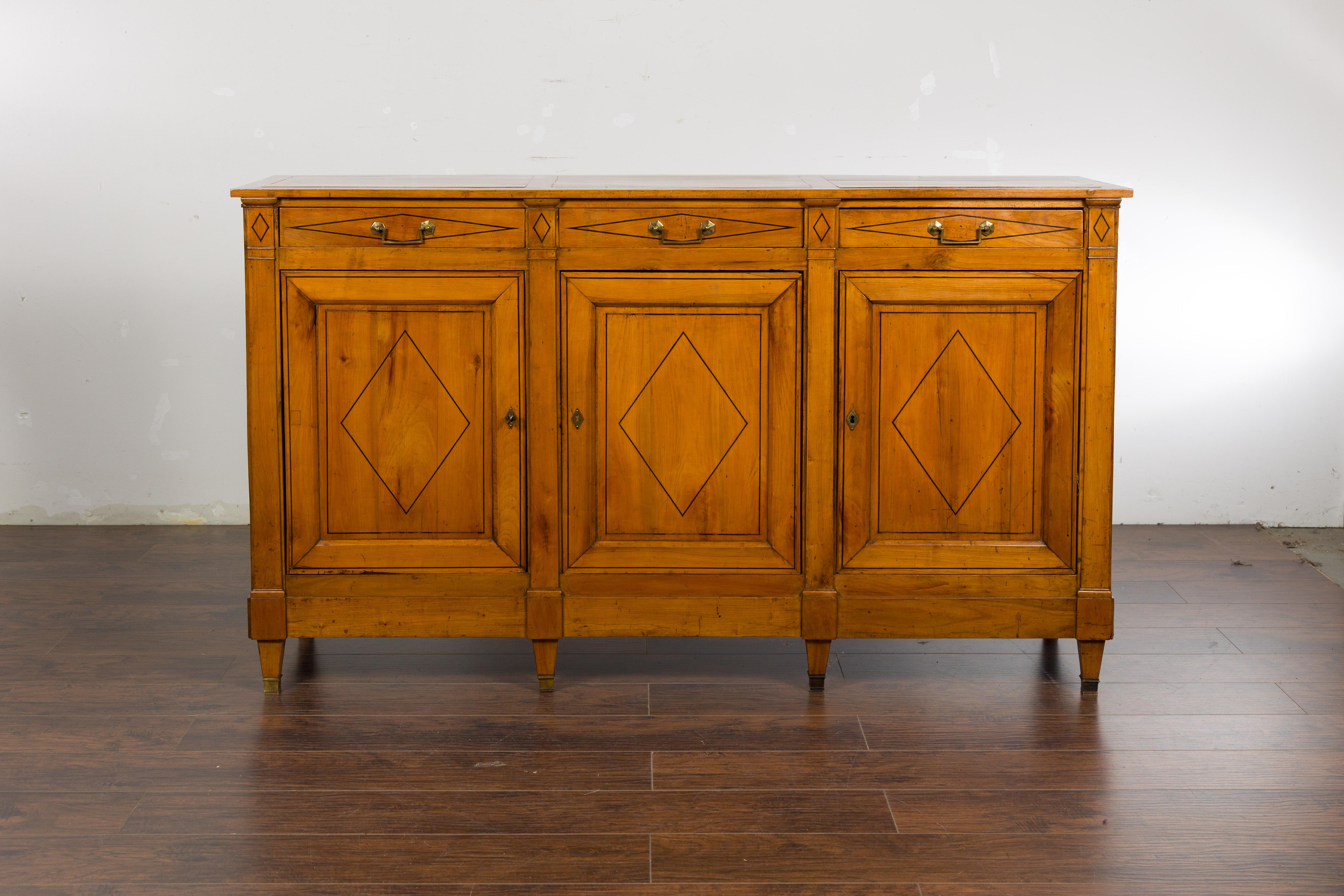 French 19th Century Walnut Enfilade with Three Drawers and Doors, Diamond Motifs In Good Condition For Sale In Atlanta, GA
