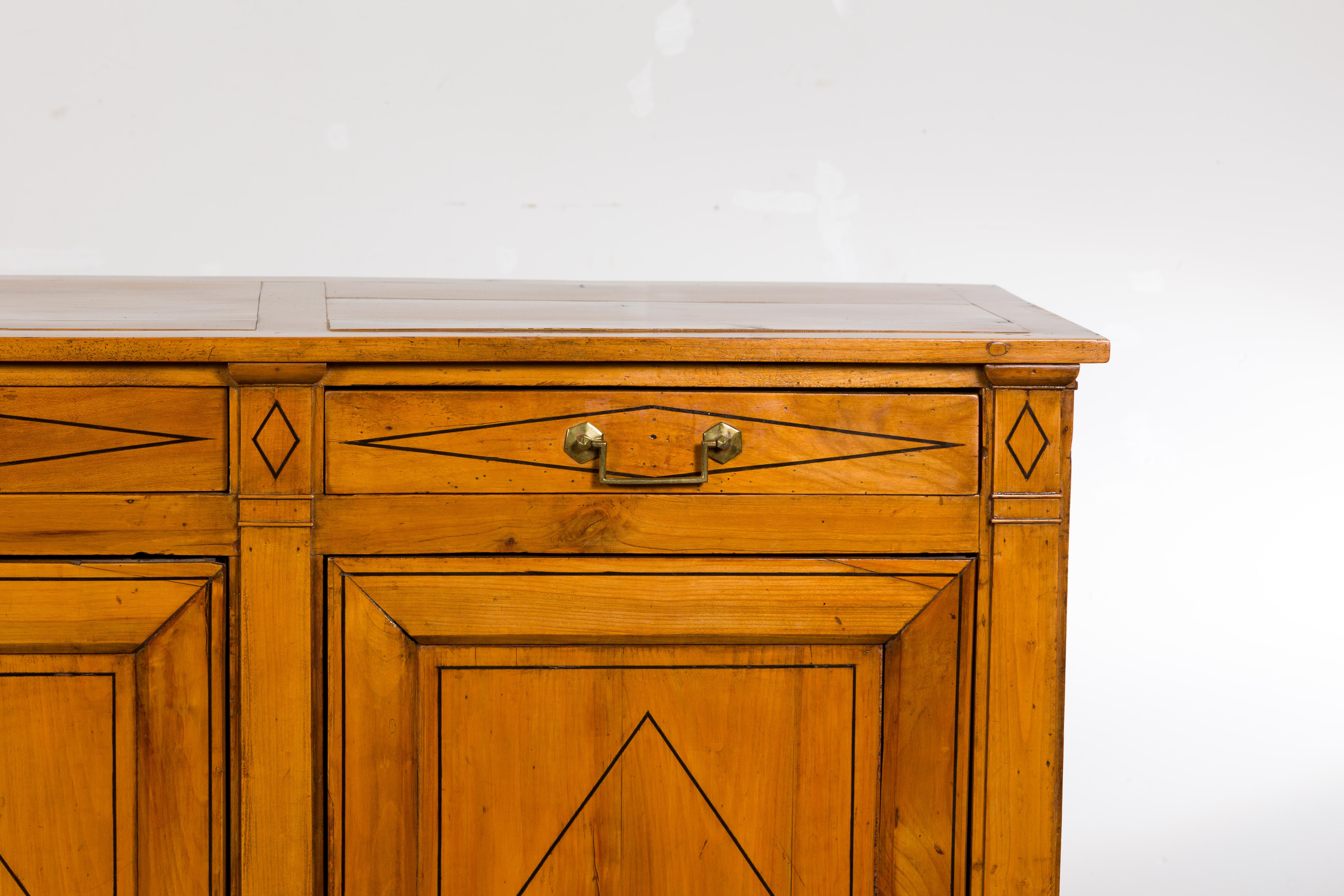 French 19th Century Walnut Enfilade with Three Drawers and Doors, Diamond Motifs For Sale 3