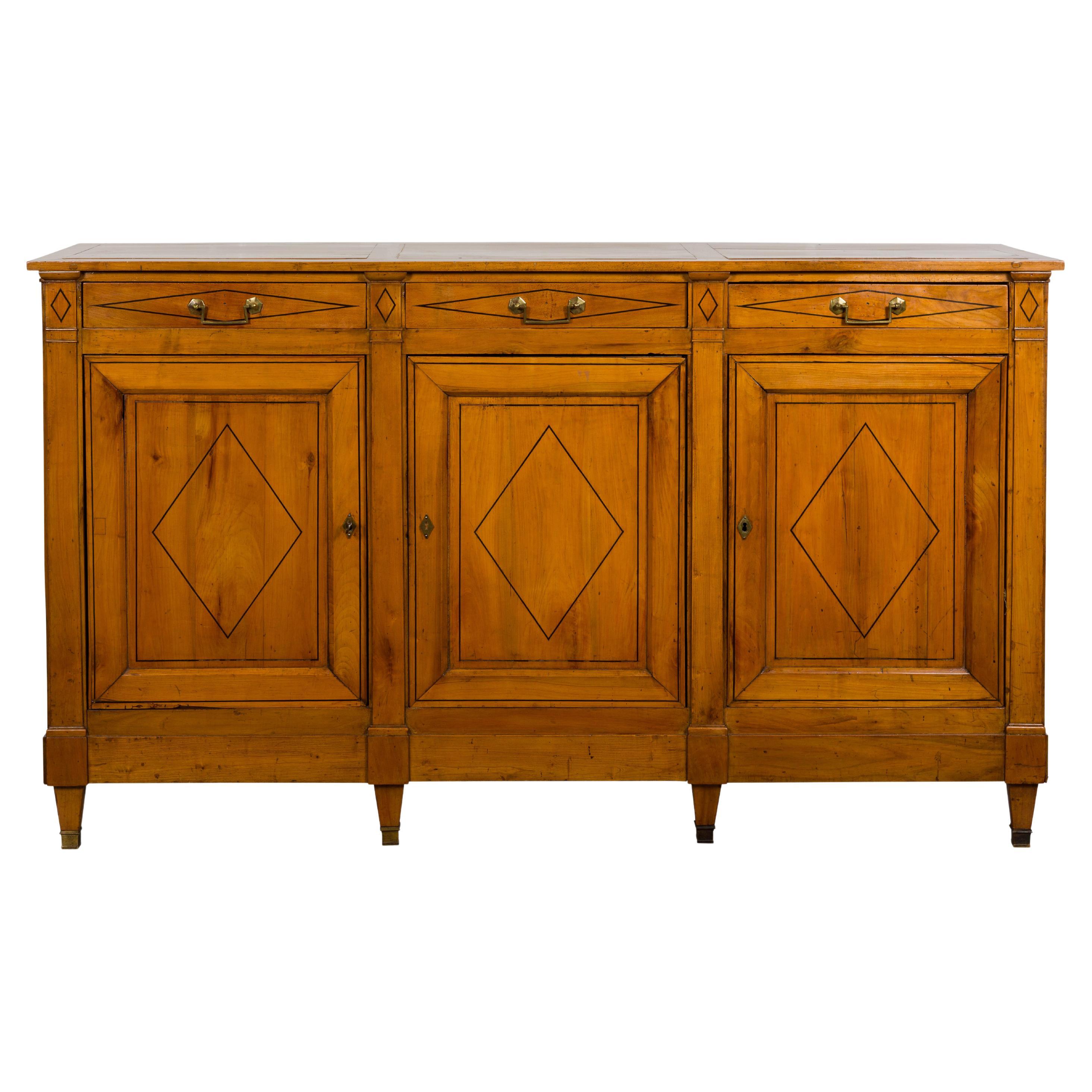 French 19th Century Walnut Enfilade with Three Drawers and Doors, Diamond Motifs