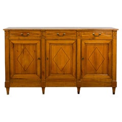 Antique French 19th Century Walnut Enfilade with Three Drawers and Doors, Diamond Motifs