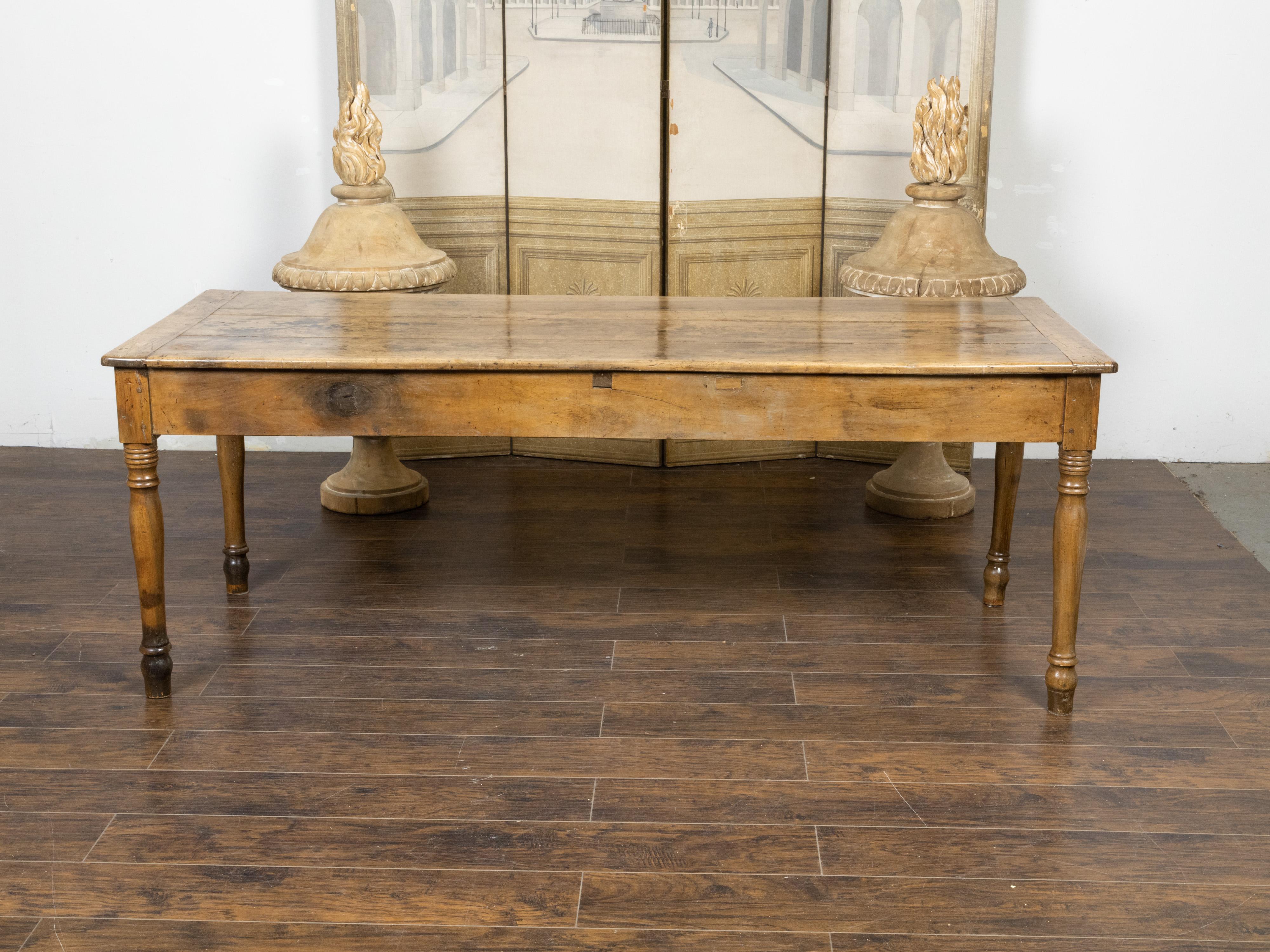 French 19th Century Walnut Farm Table with Turned Legs and Distressed Patina For Sale 7