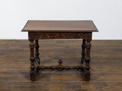 French 19th Century Walnut Side Table with Carved Apron and H-Form Stretcher