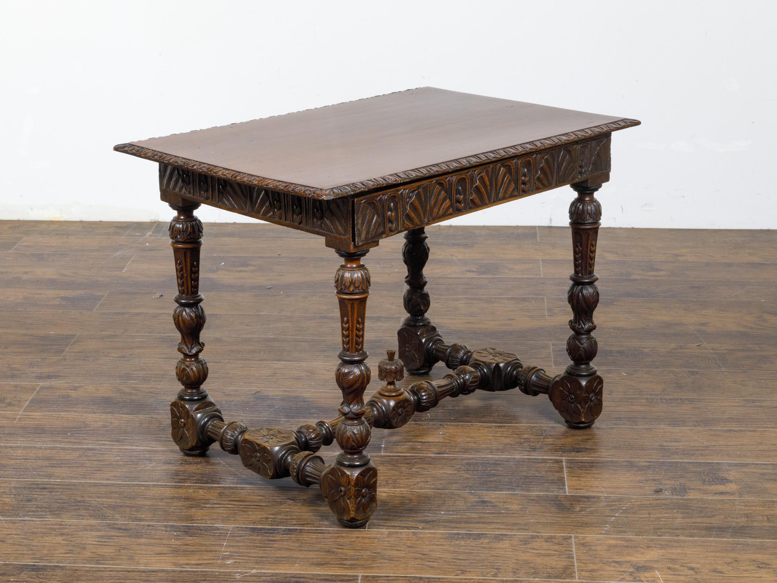 French 19th Century Walnut Side Table with Carved Apron and H-Form Stretcher In Good Condition For Sale In Atlanta, GA