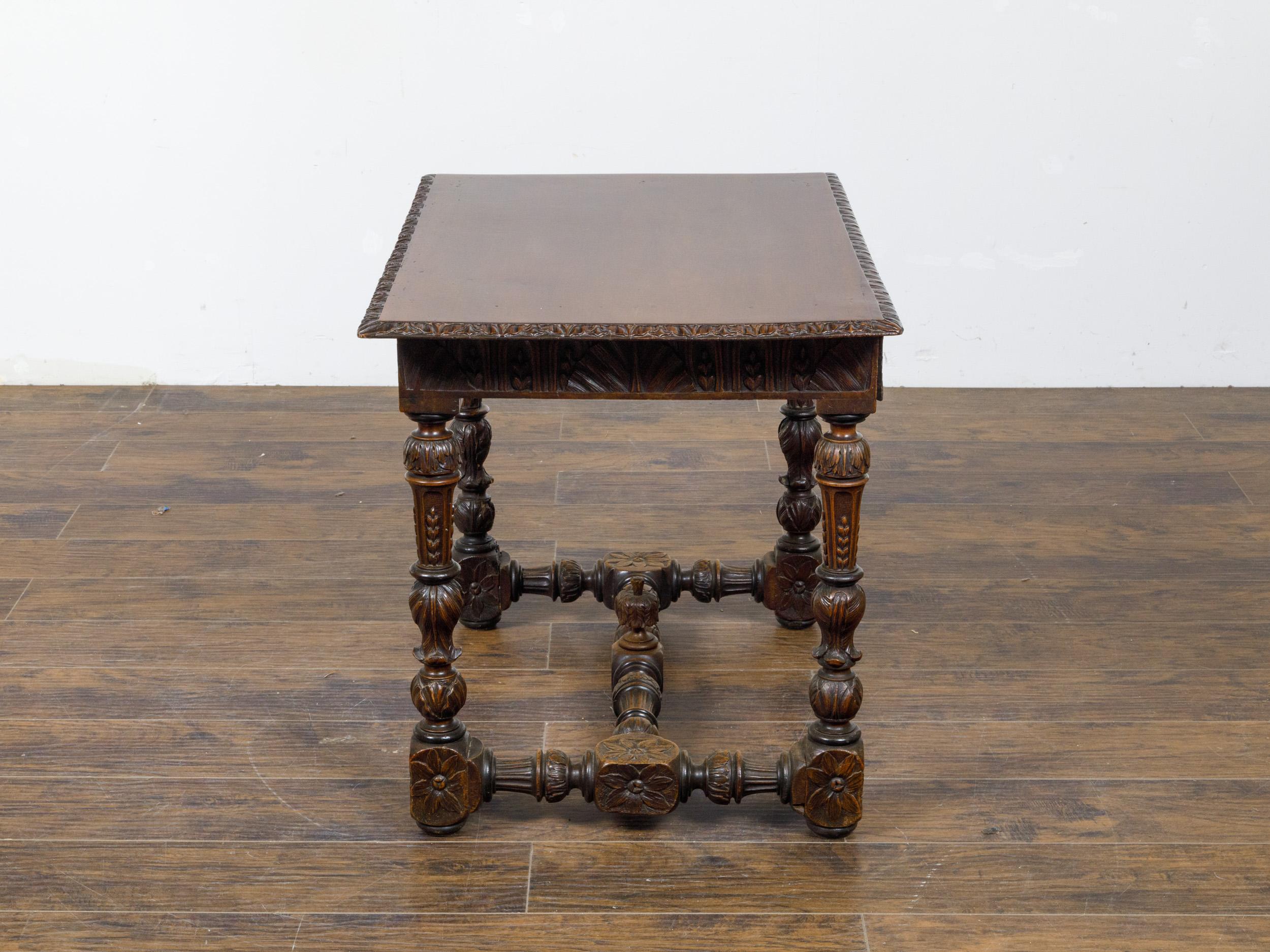 French 19th Century Walnut Side Table with Carved Apron and H-Form Stretcher For Sale 1