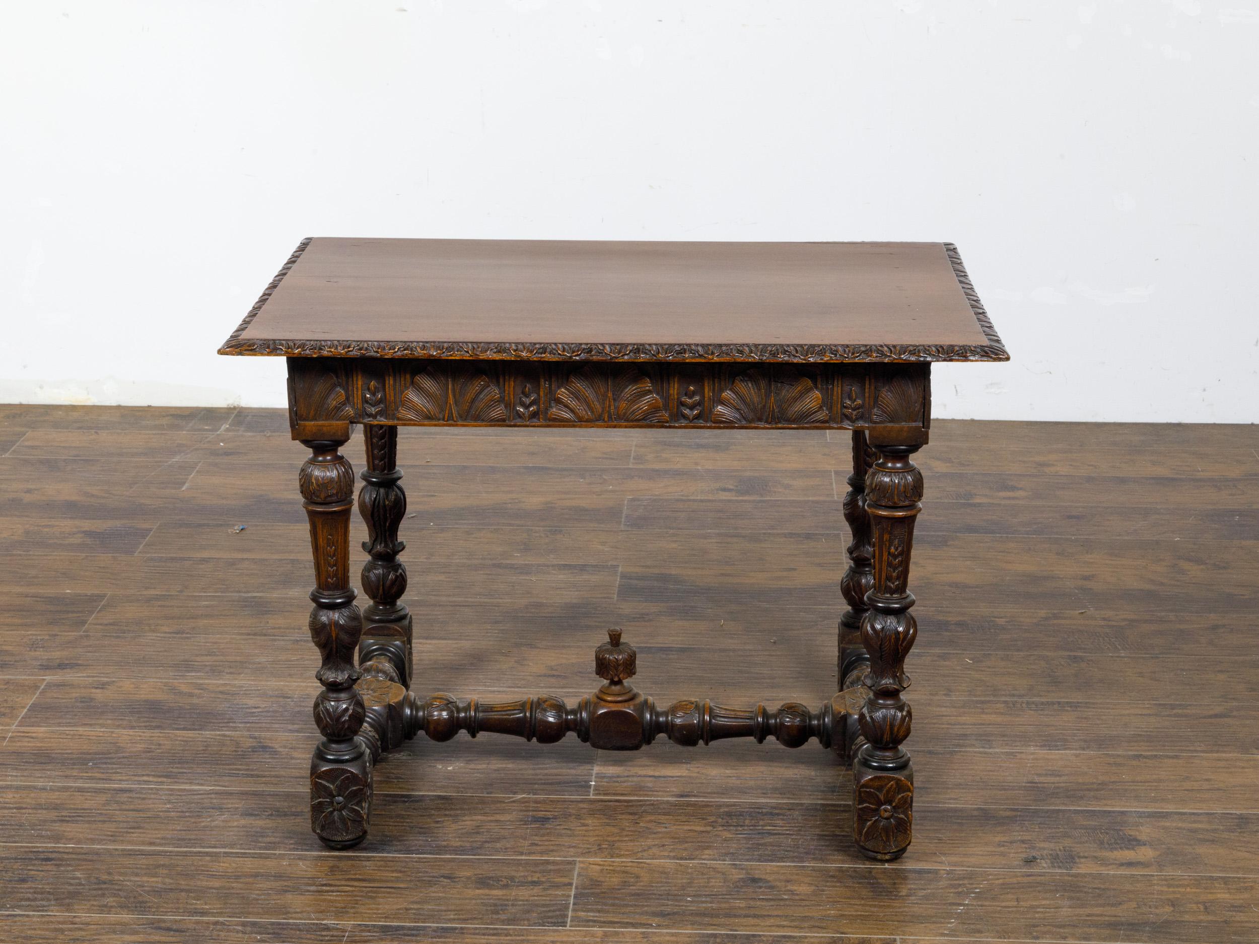 French 19th Century Walnut Side Table with Carved Apron and H-Form Stretcher For Sale 2