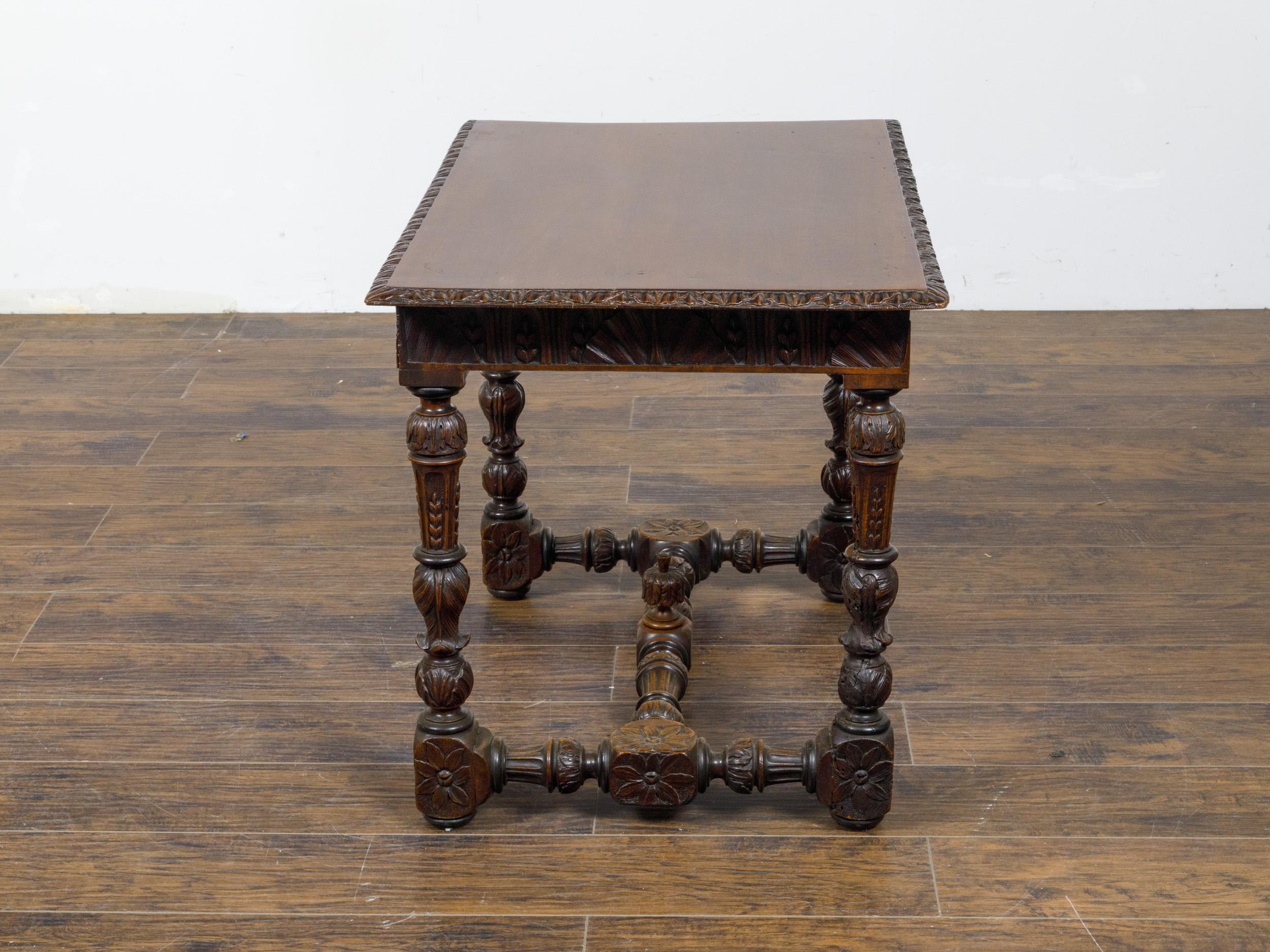 French 19th Century Walnut Side Table with Carved Apron and H-Form Stretcher For Sale 3