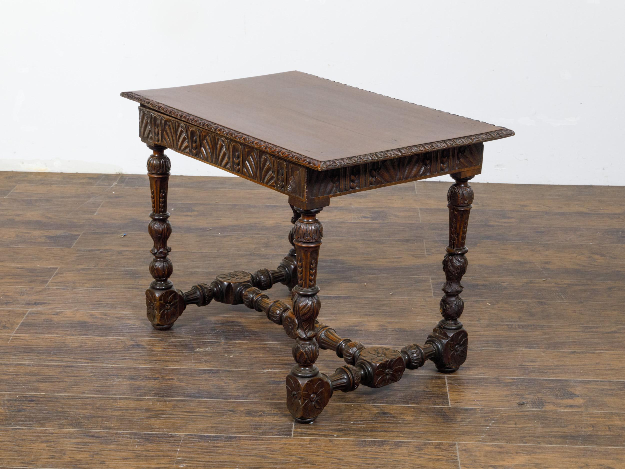 French 19th Century Walnut Side Table with Carved Apron and H-Form Stretcher For Sale 4
