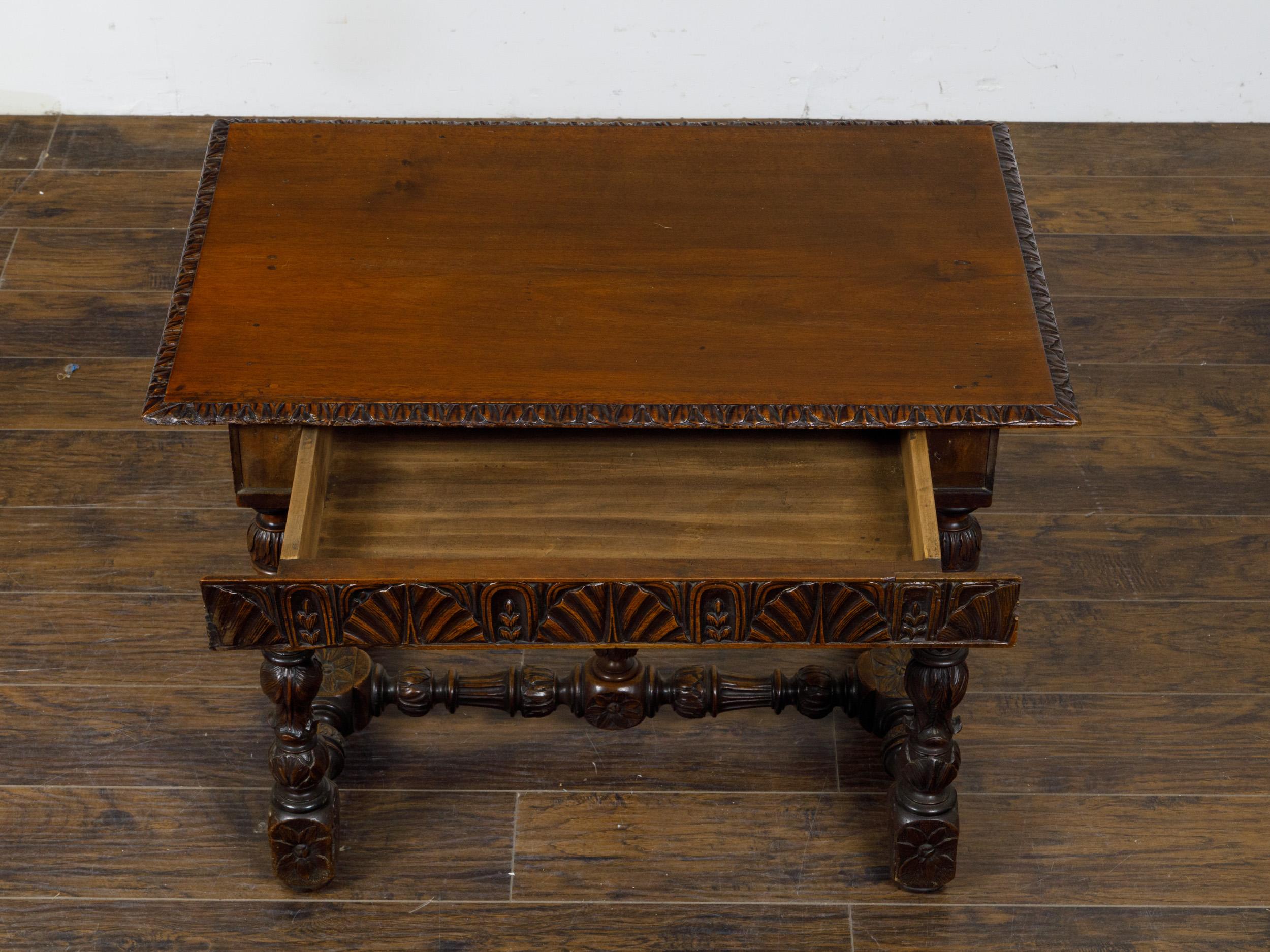 French 19th Century Walnut Side Table with Carved Apron and H-Form Stretcher For Sale 5