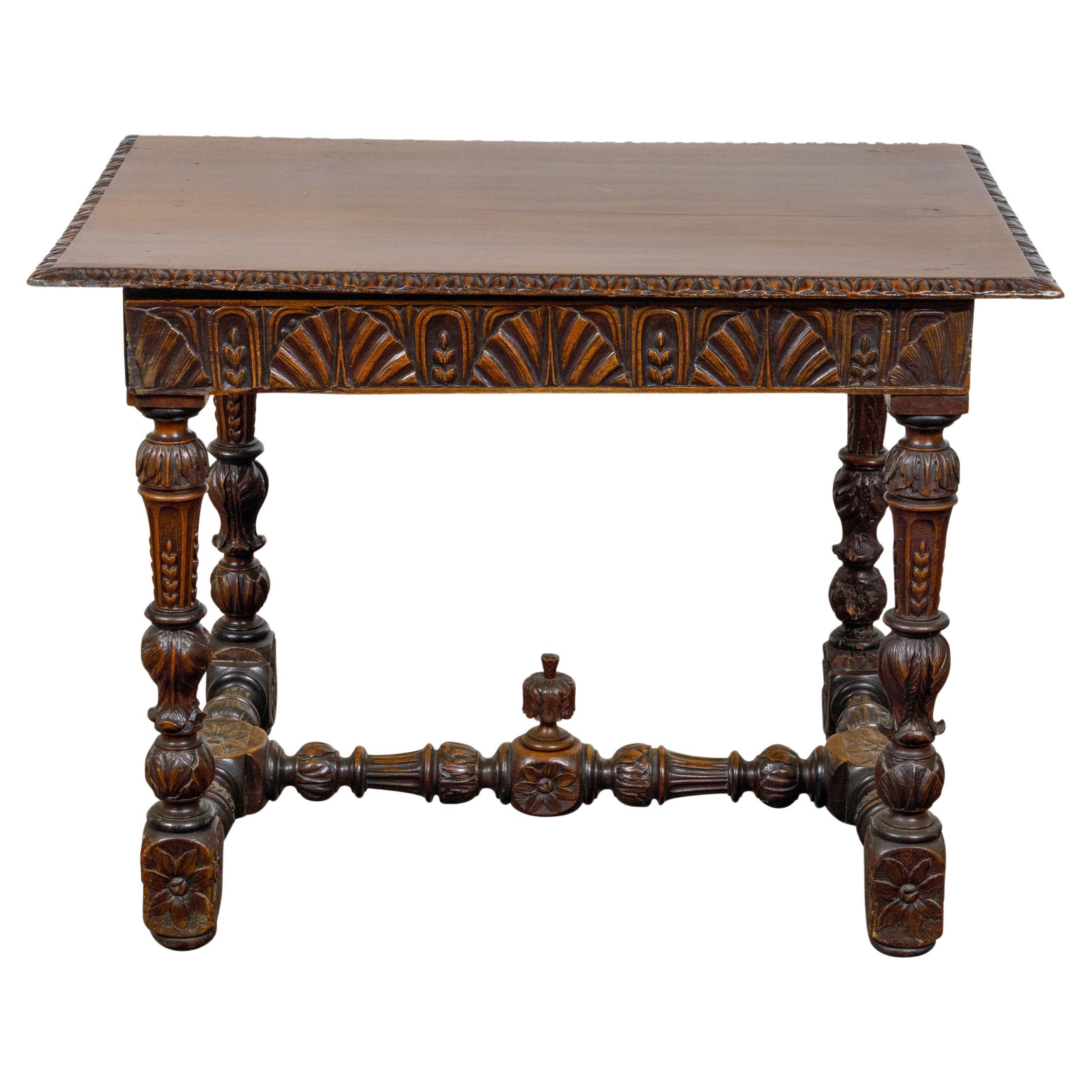 French 19th Century Walnut Side Table with Carved Apron and H-Form Stretcher