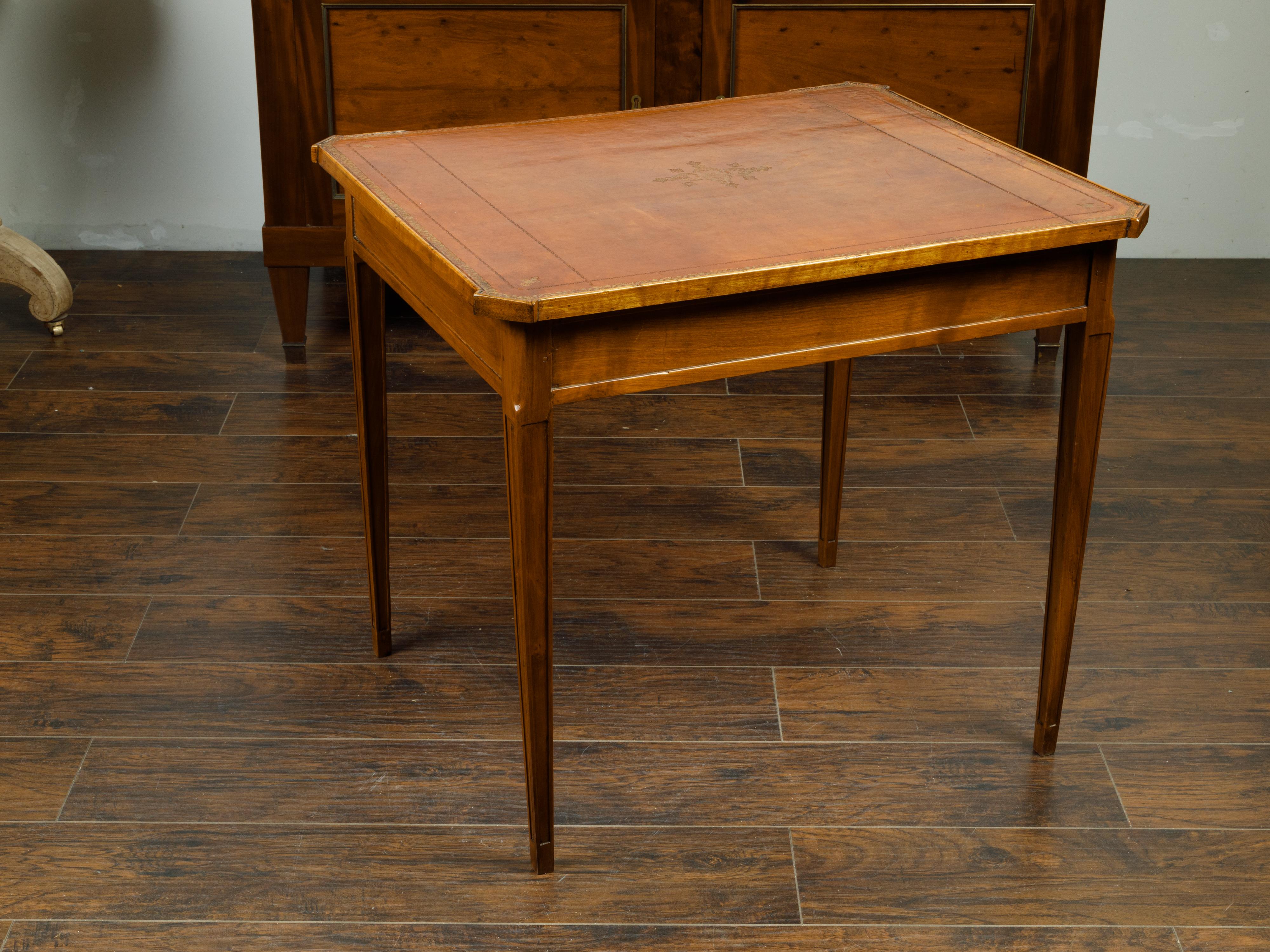 French 19th Century Walnut Side Table with Gilt Embossed Leather Top and Drawer For Sale 7