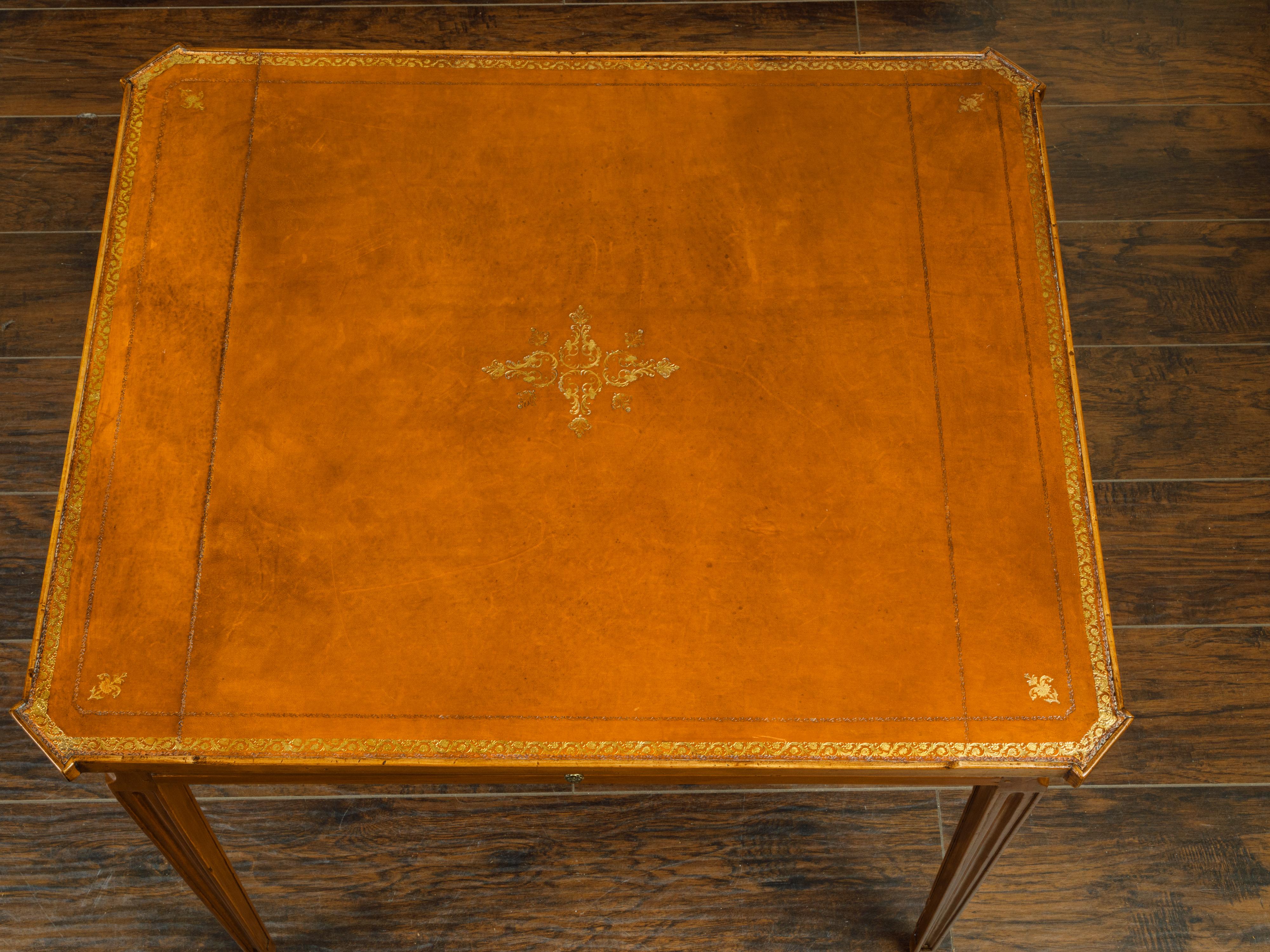 French 19th Century Walnut Side Table with Gilt Embossed Leather Top and Drawer For Sale 9