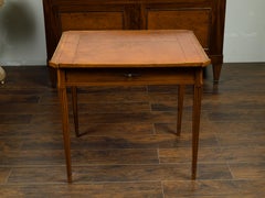 French 19th Century Walnut Side Table with Gilt Embossed Leather Top and Drawer