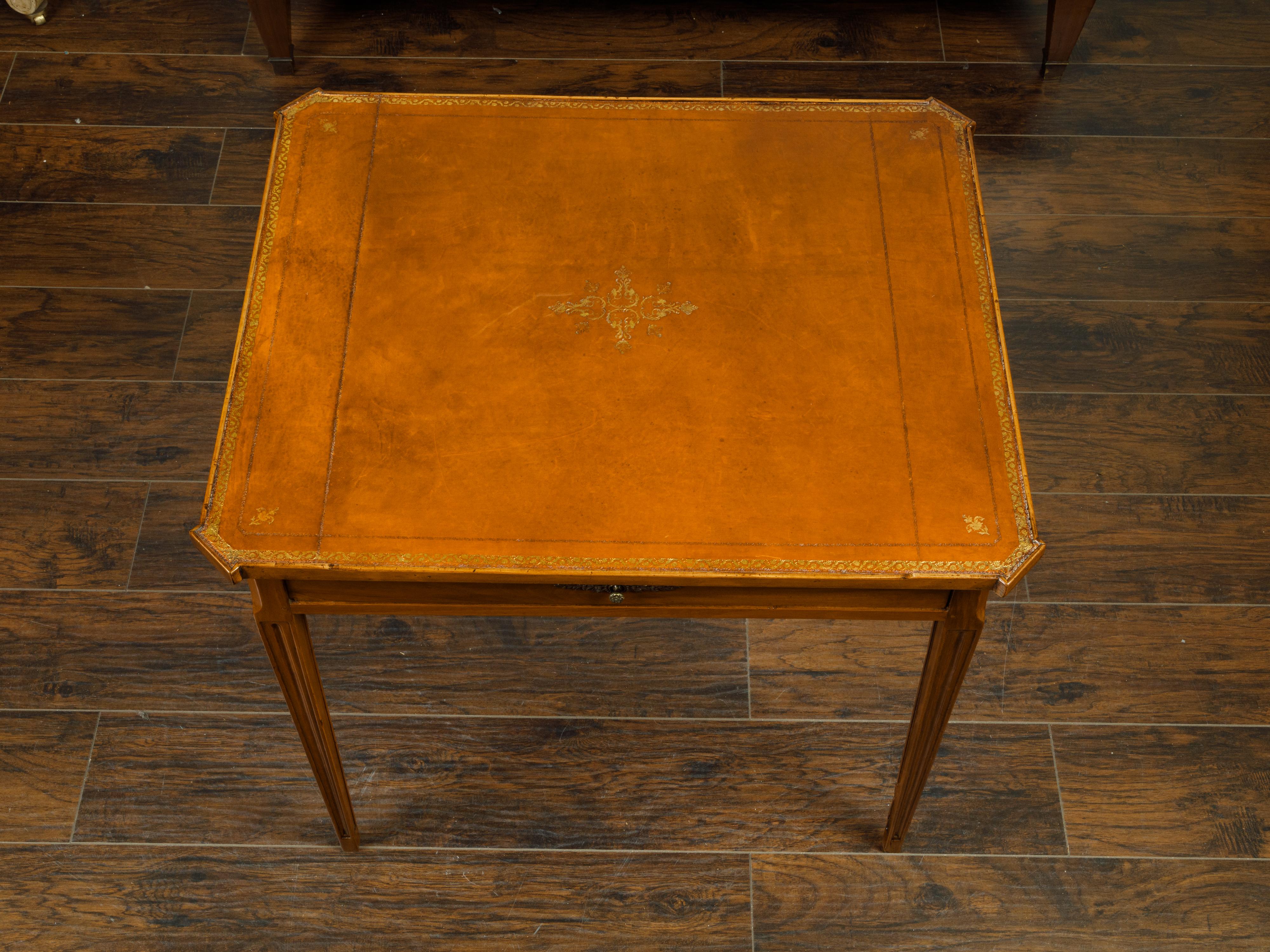 French 19th Century Walnut Side Table with Gilt Embossed Leather Top and Drawer For Sale 3