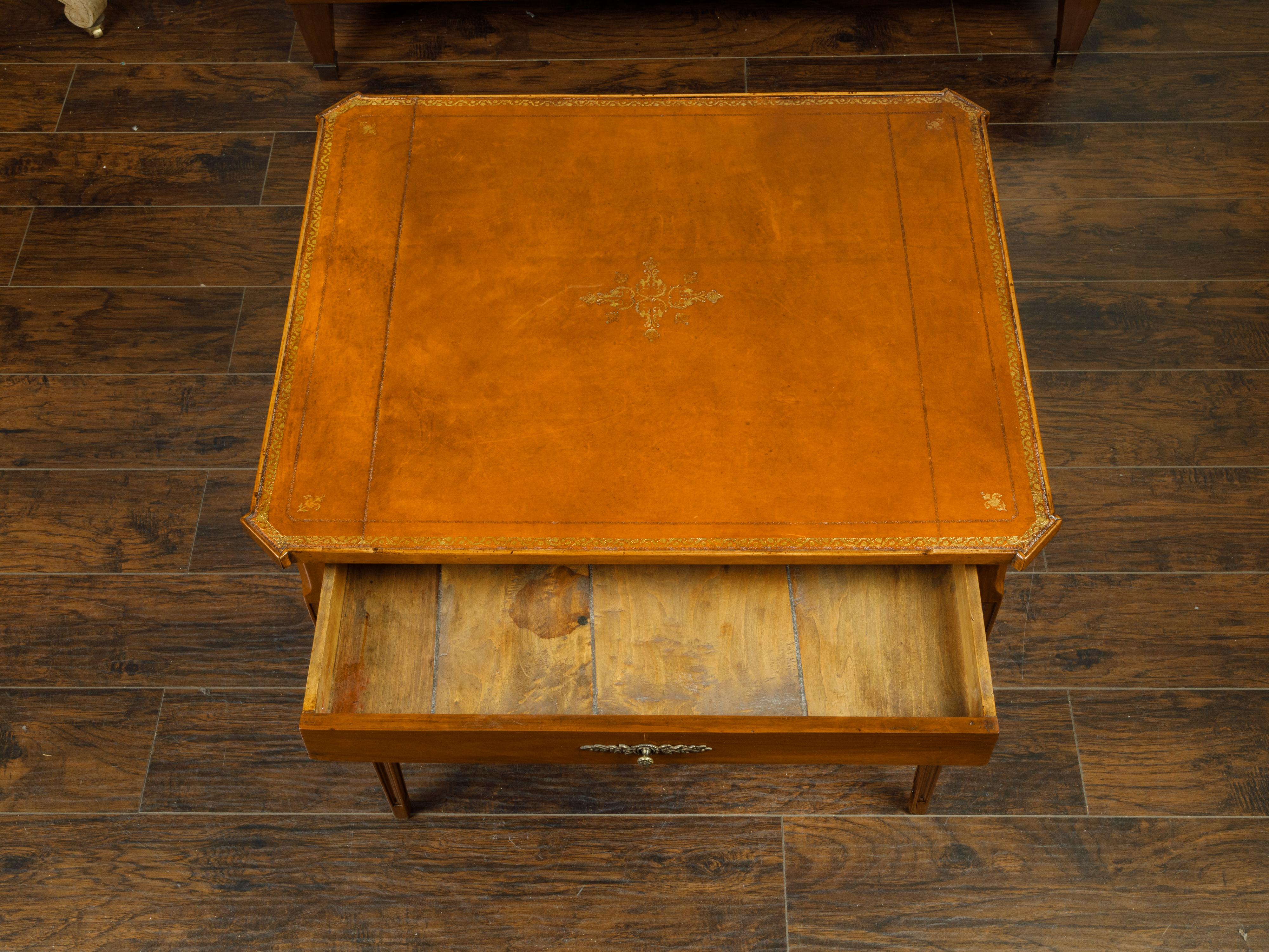 French 19th Century Walnut Side Table with Gilt Embossed Leather Top and Drawer For Sale 4