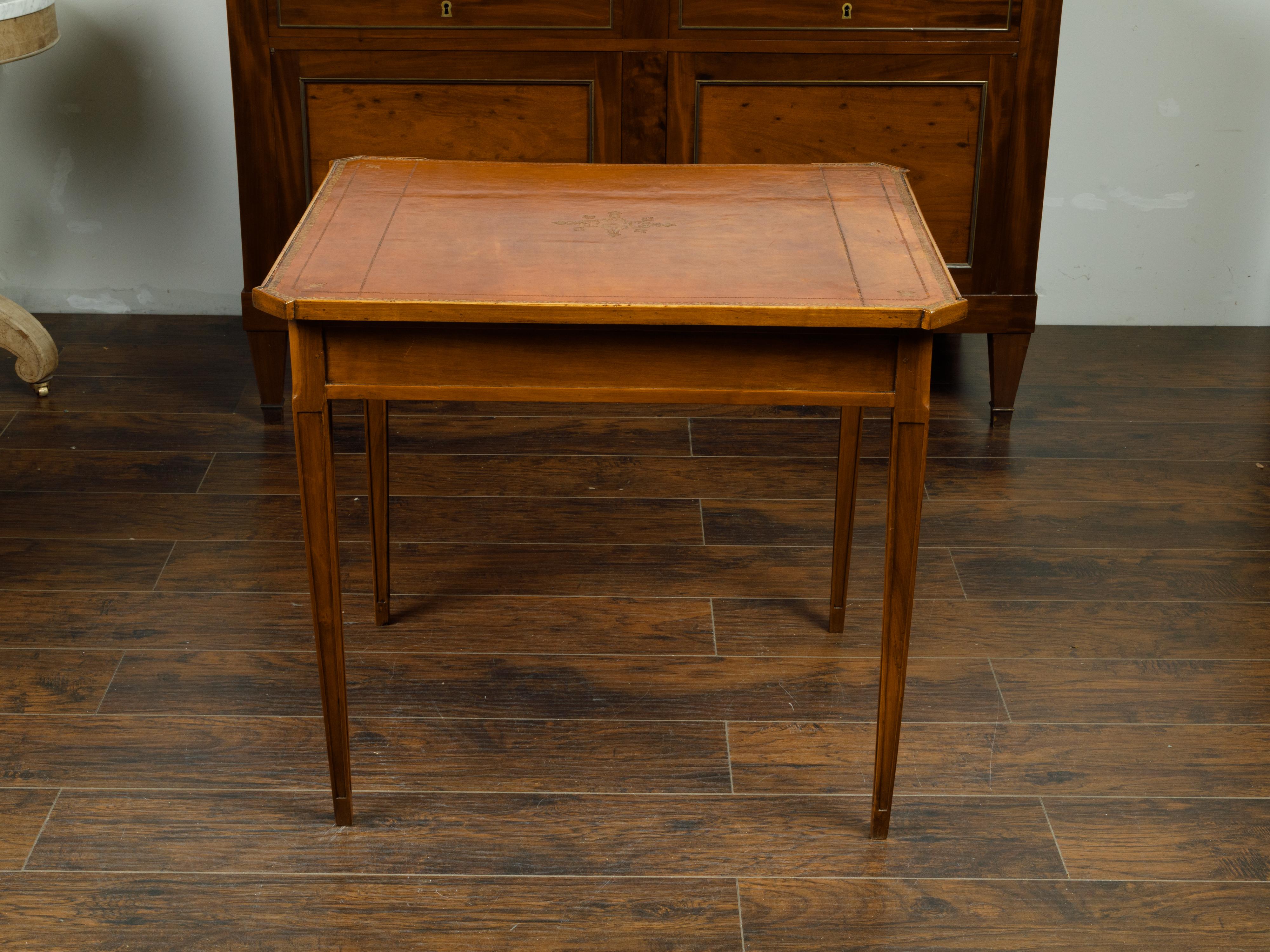 French 19th Century Walnut Side Table with Gilt Embossed Leather Top and Drawer For Sale 6