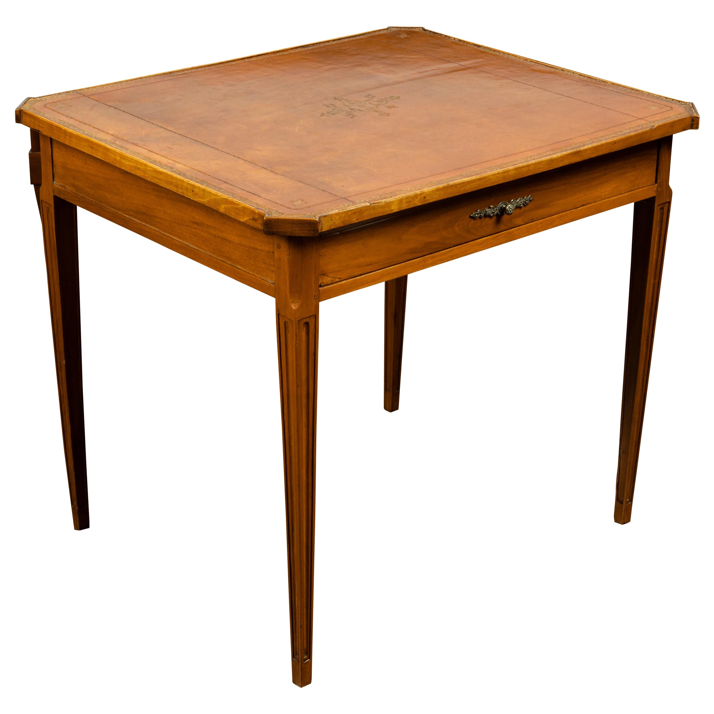 French 19th Century Walnut Side Table with Gilt Embossed Leather Top and Drawer