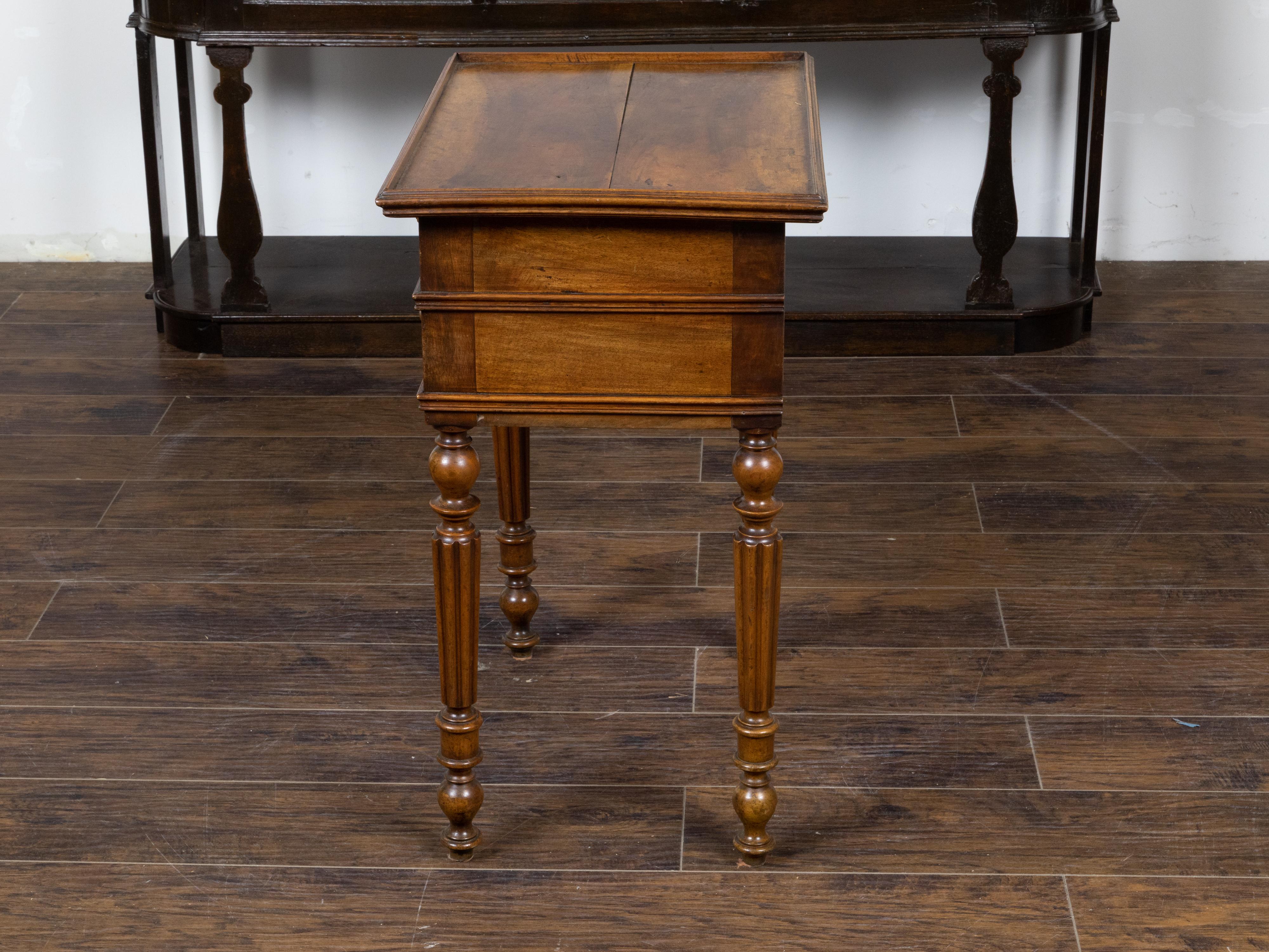 Turned French 19th Century Walnut Side Table with Tray Top, Fluted Legs and Six Drawers For Sale