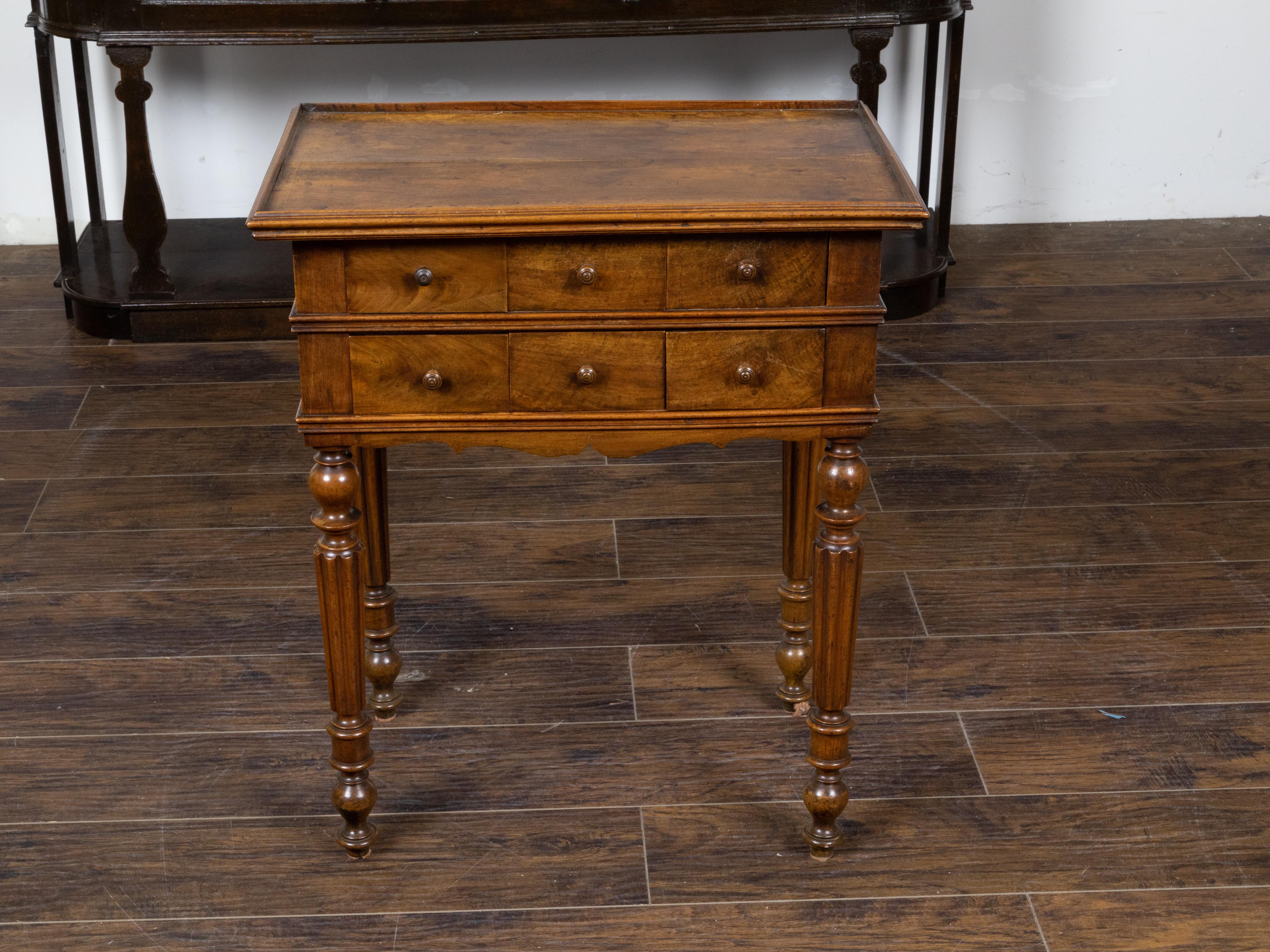 French 19th Century Walnut Side Table with Tray Top, Fluted Legs and Six Drawers In Good Condition For Sale In Atlanta, GA