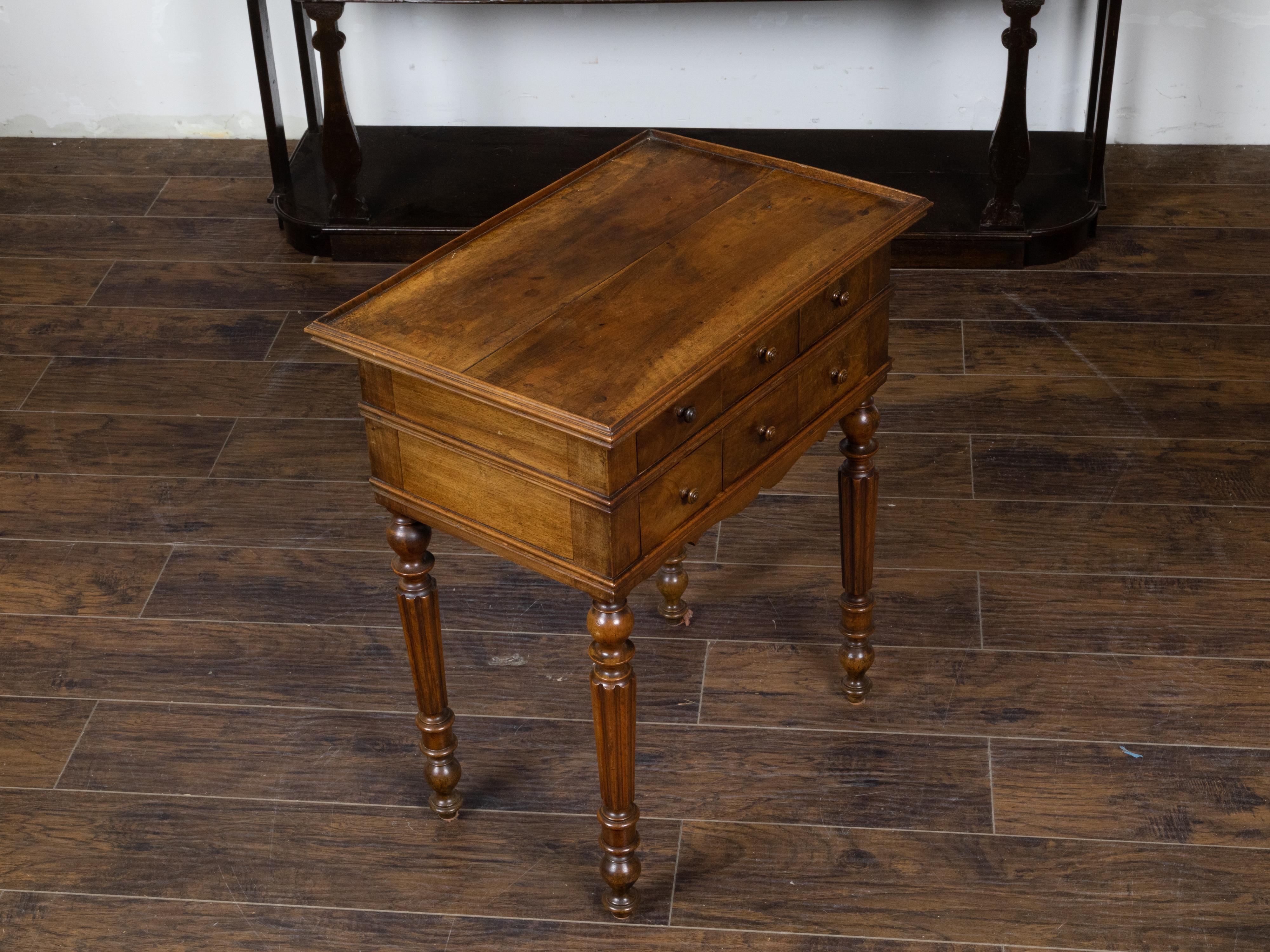 French 19th Century Walnut Side Table with Tray Top, Fluted Legs and Six Drawers For Sale 3