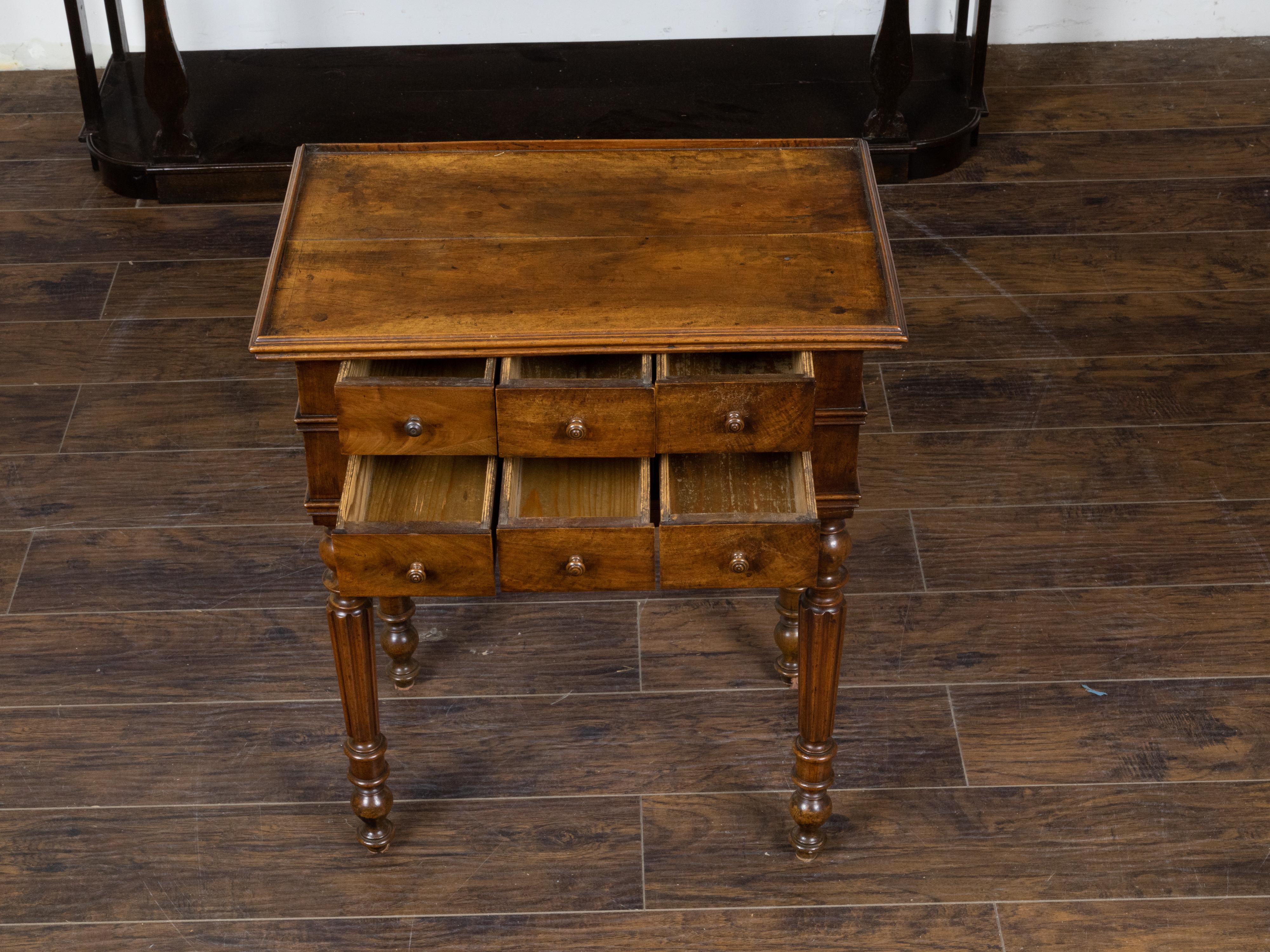 French 19th Century Walnut Side Table with Tray Top, Fluted Legs and Six Drawers For Sale 4