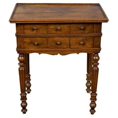 Antique French 19th Century Walnut Side Table with Tray Top, Fluted Legs and Six Drawers