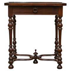 French 19th Century Walnut Side Table with Turned Legs and Cross Stretcher