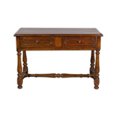 French 19th Century Walnut Side Table with Two Drawers and Baluster Legs