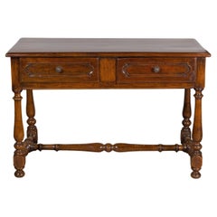 Antique French 19th Century Walnut Side Table with Two Drawers and Baluster Legs