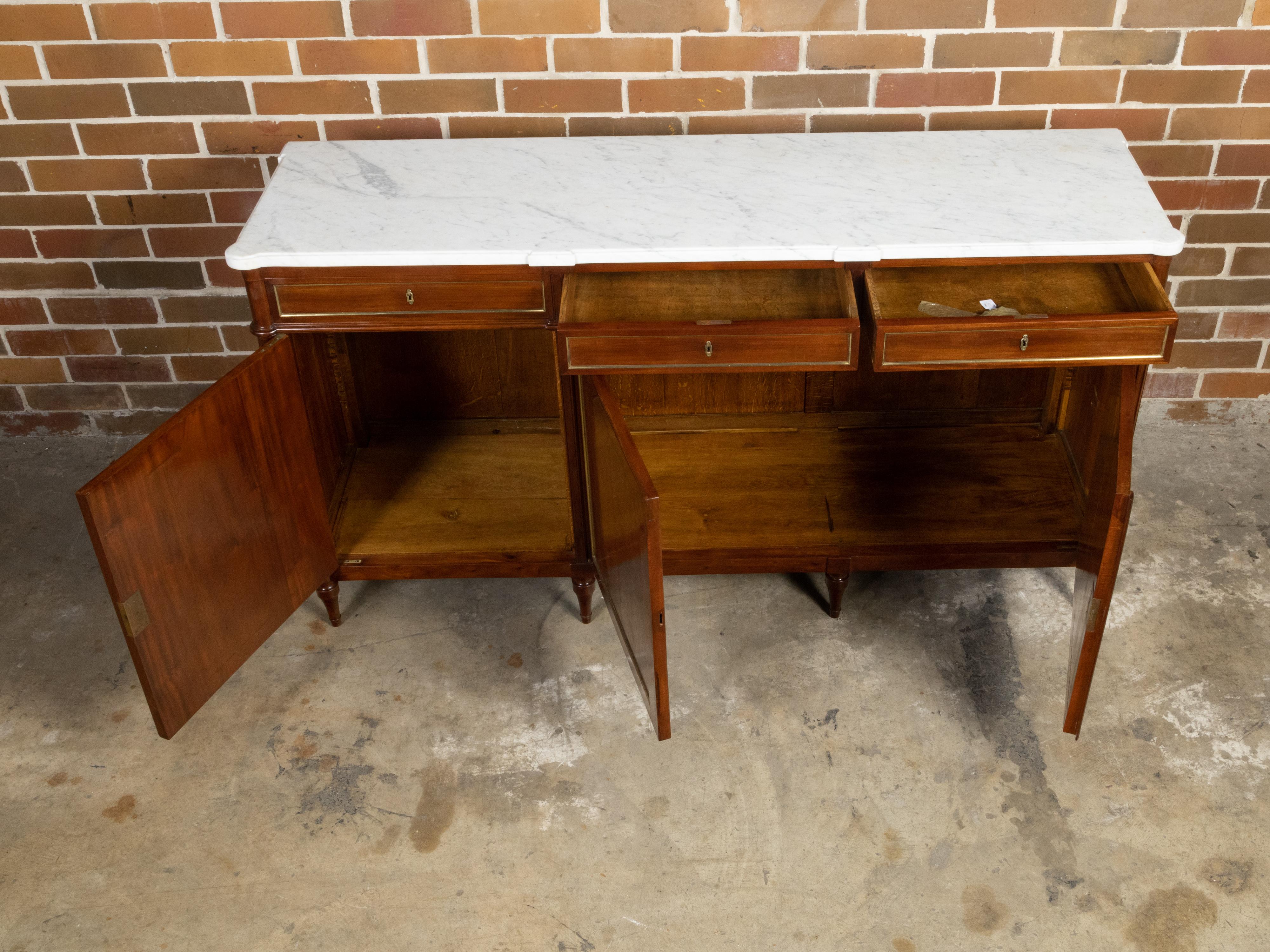 Turned French 19th Century Walnut Sideboard with White Marble Top and Brass Accents